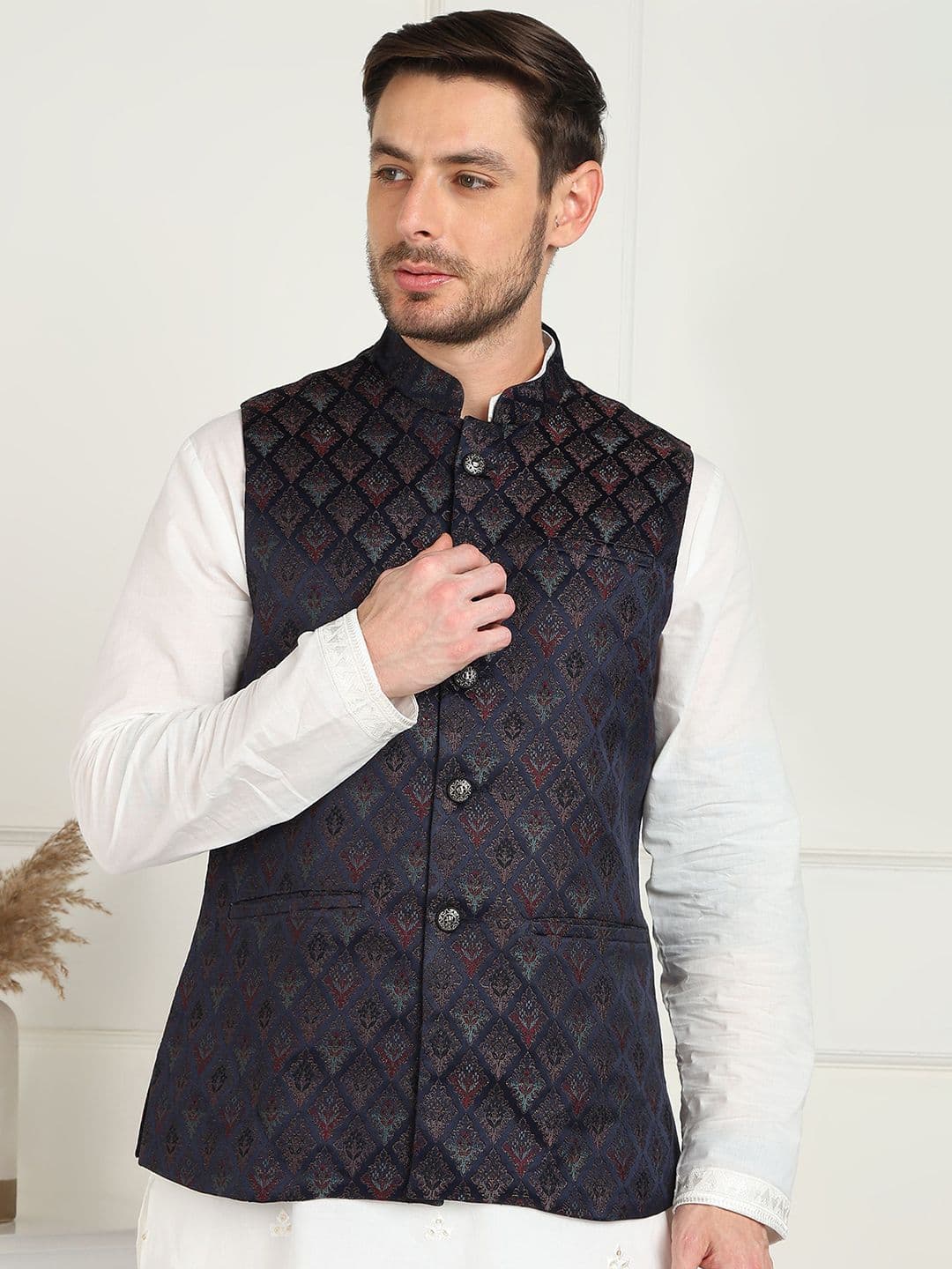 House of Pataudi Ethnic Motifs Woven Design Mandarin Collar Nehru Jacket - view 1
