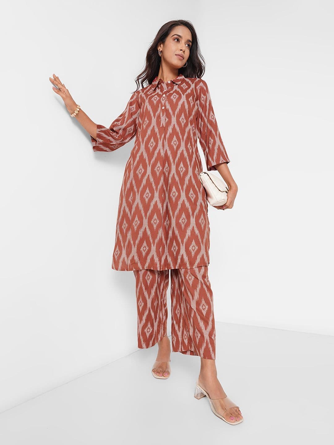 RANGMANCH BY PANTALOONS Geometric Printed Thread Work Shirt Collar A-Line Kurta - view 1