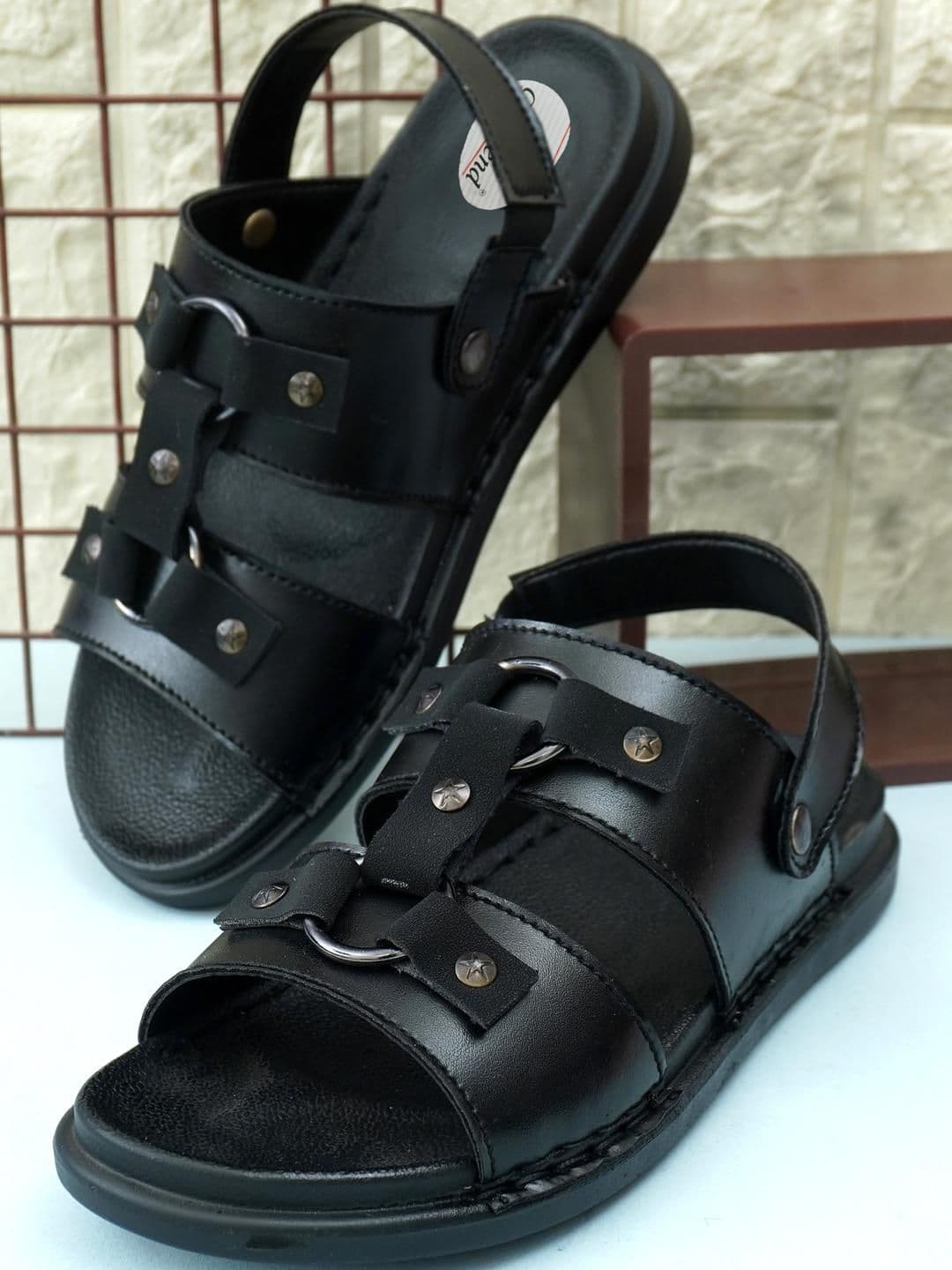 G L Trend Black Leather Sandals - view 1