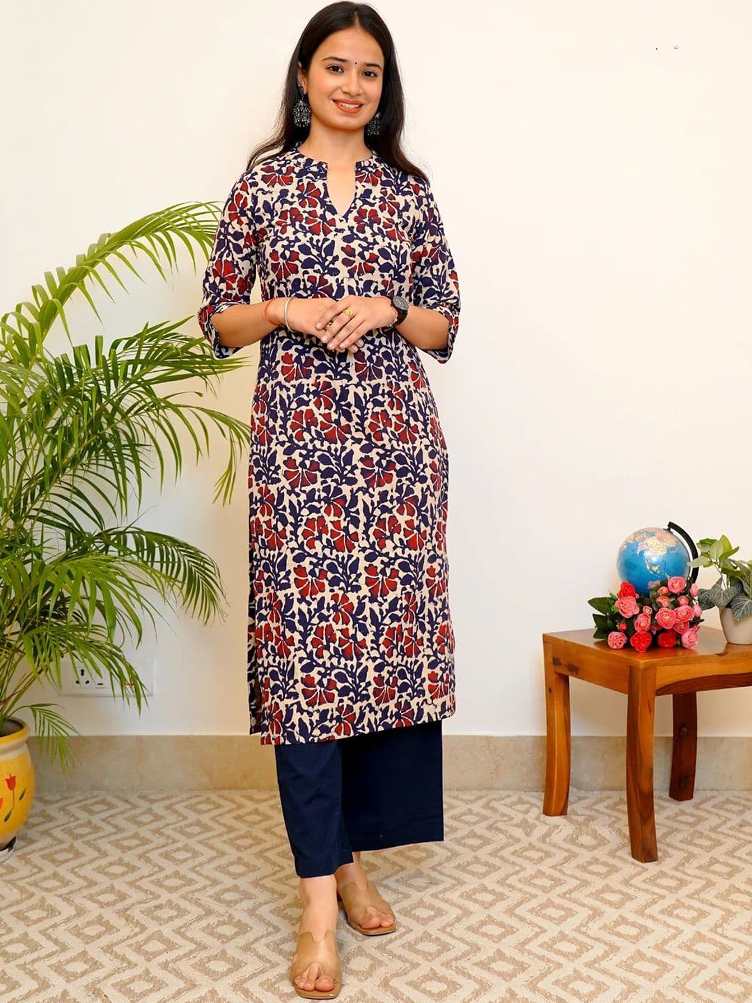 JEMCY Floral Printed Mandarin Collar Cotton Kurta - view 1