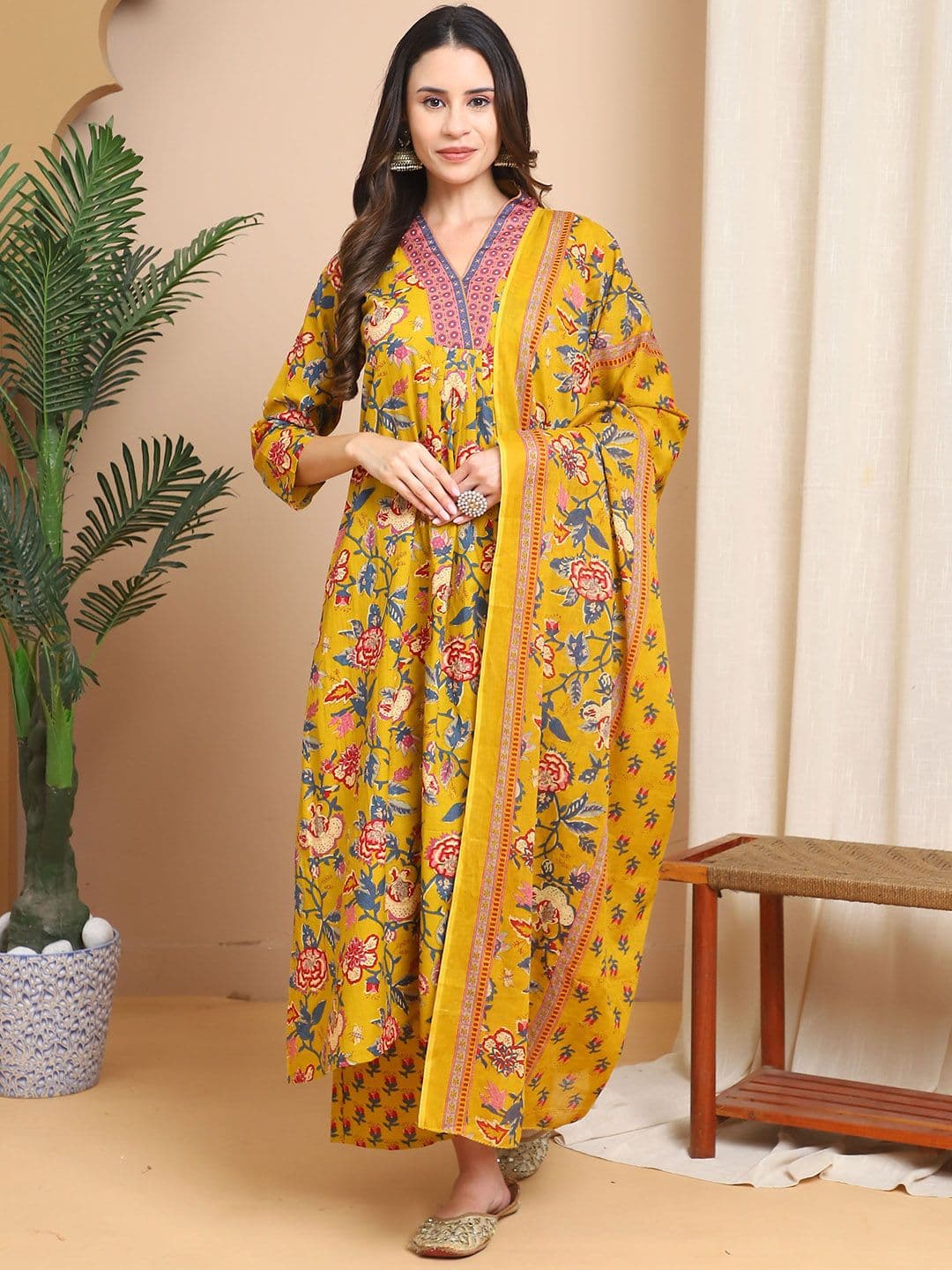 KALINI Floral Printed Pure Cotton V-Neck A-Line Kurta With Palazzos & Dupatta - view 1