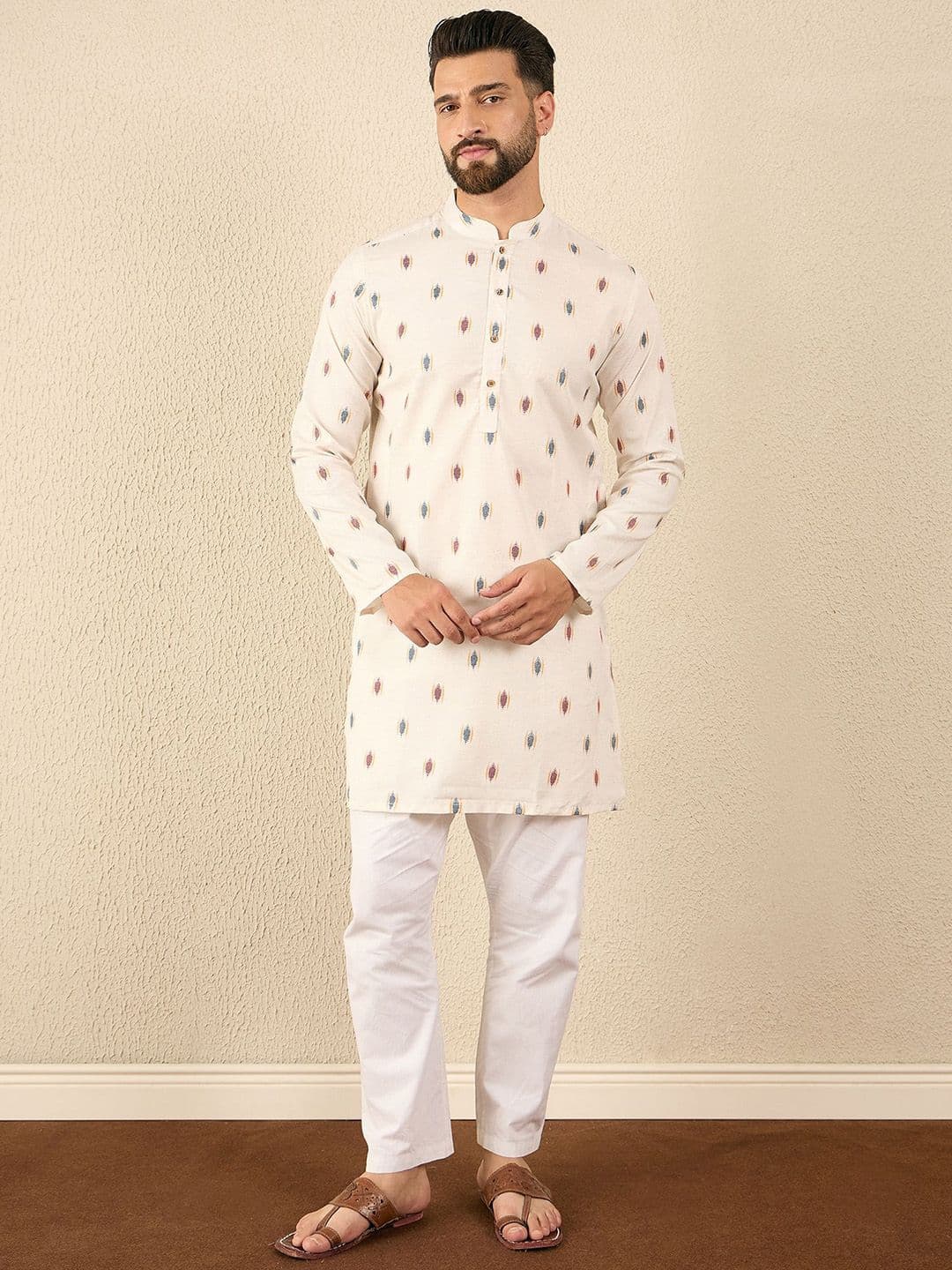 House of Pataudi Men Ethnic Motifs Printed Ikat Festive Pure Cotton Straight Kurta - view 1