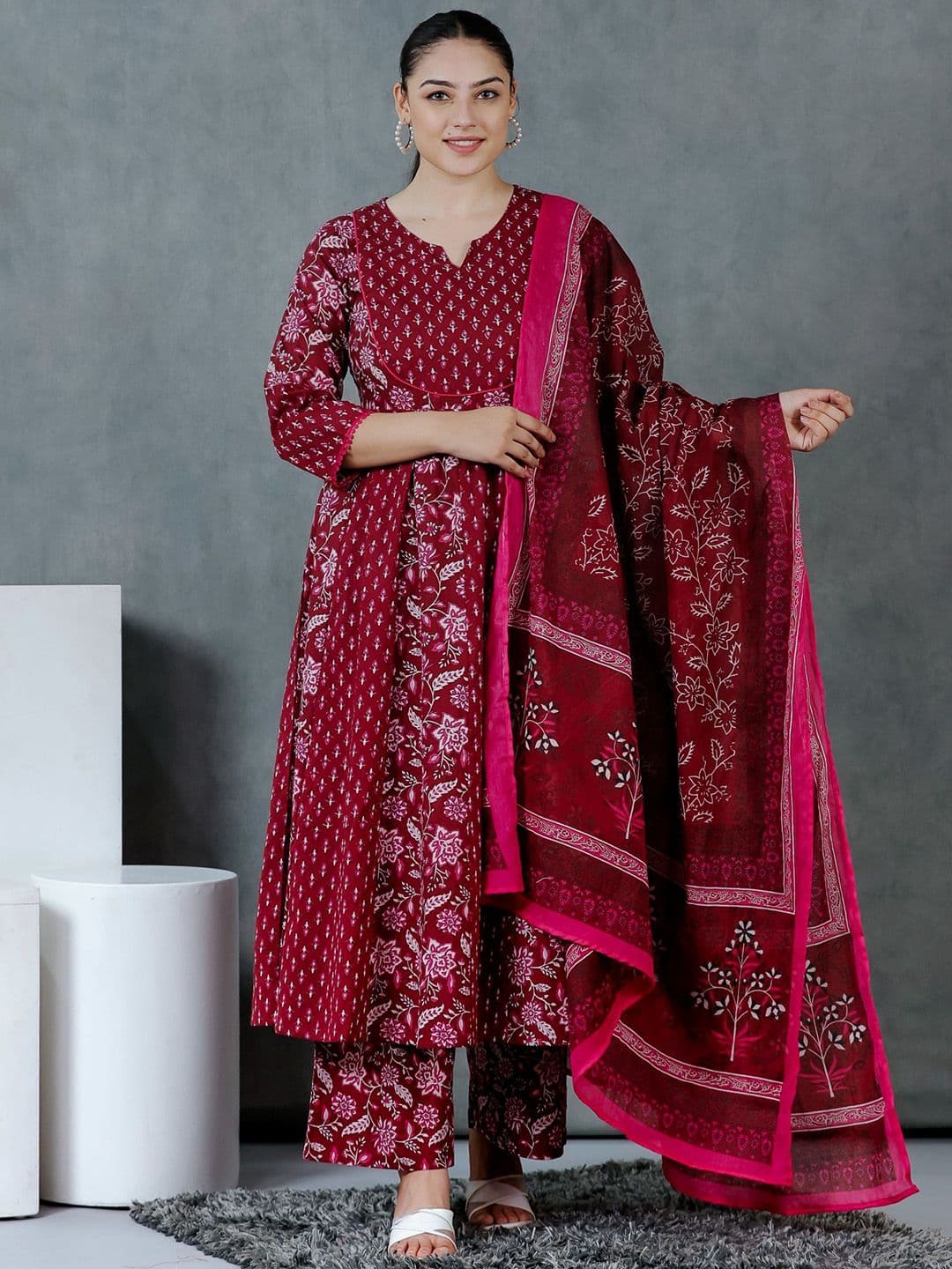 Aramya Women Floral Printed Pure Cotton Anarkali Kurta with Palazzo & Dupatta - view 1