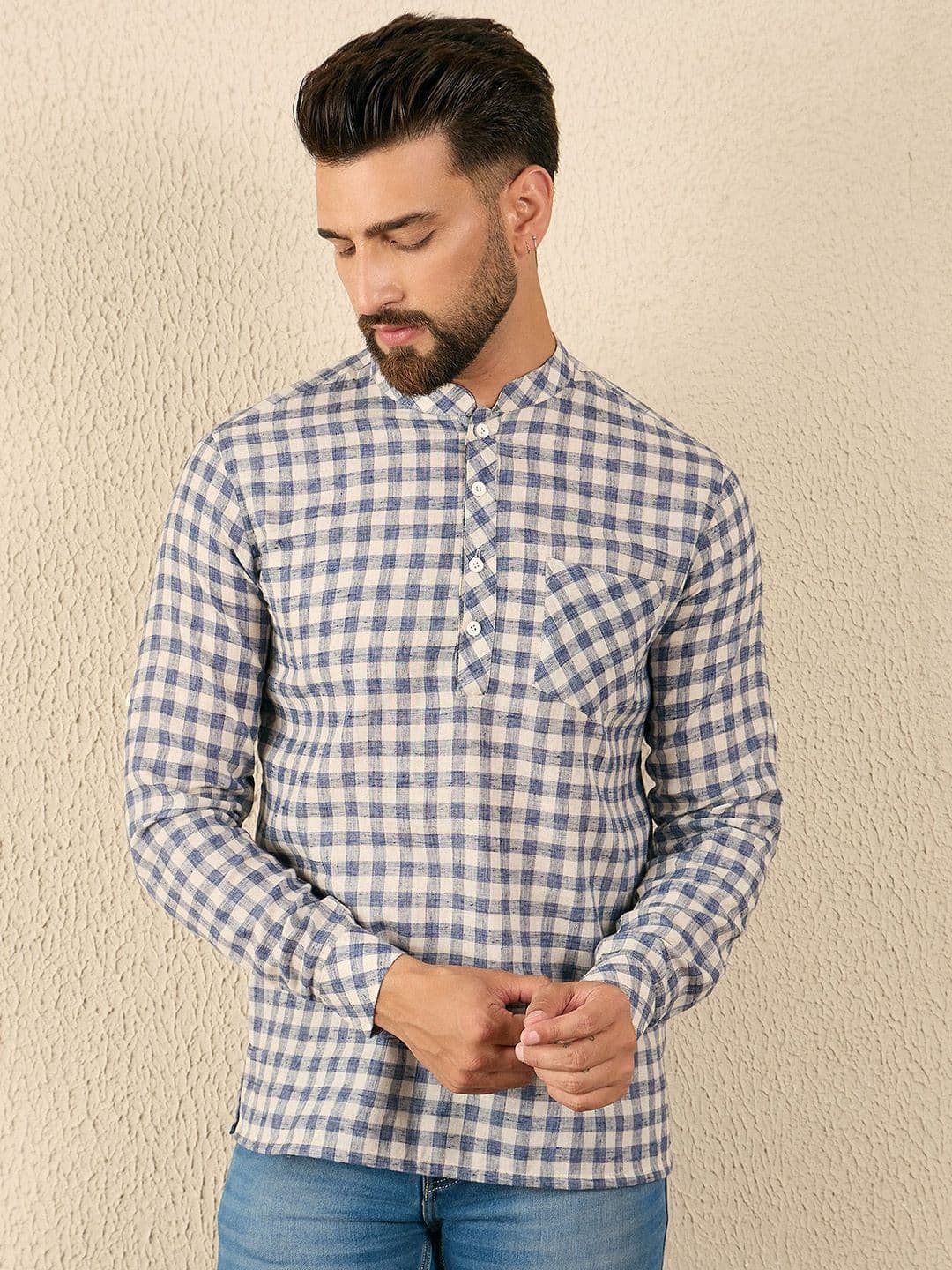 House of Pataudi Men Checked Mandarin Collar Pure Cotton Short Kurta - view 1