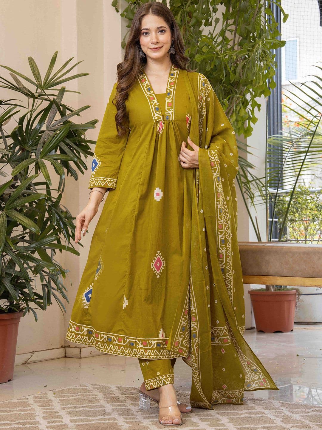 JAIMINI Women Ethnic Motifs Printed Pure Cotton Anarkali Kurta with Trousers & Dupatta - view 1