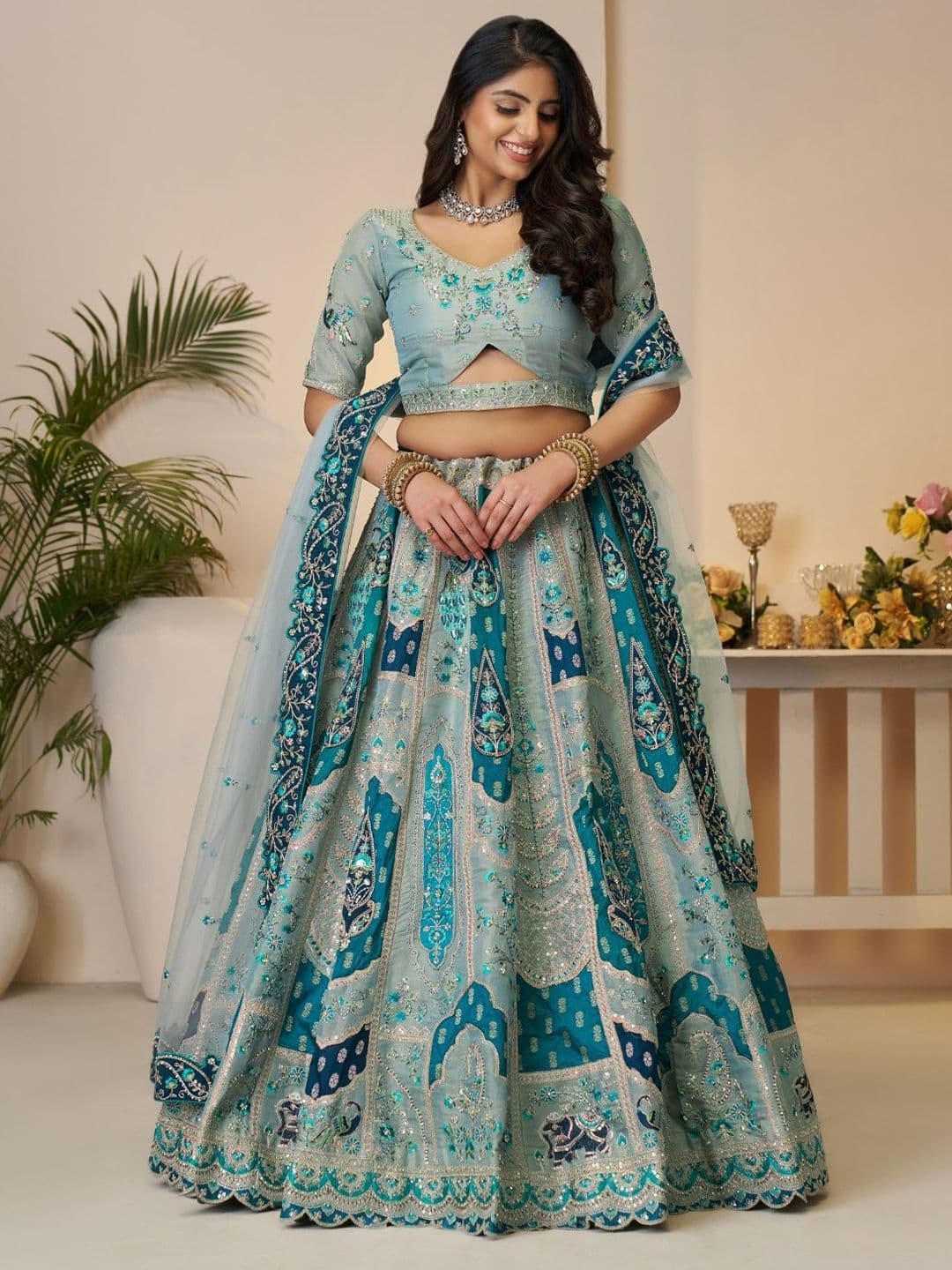 ODETTE Embroidered Banarasi Sequinned Silk Lehenga Choli With Dupatta - view 1