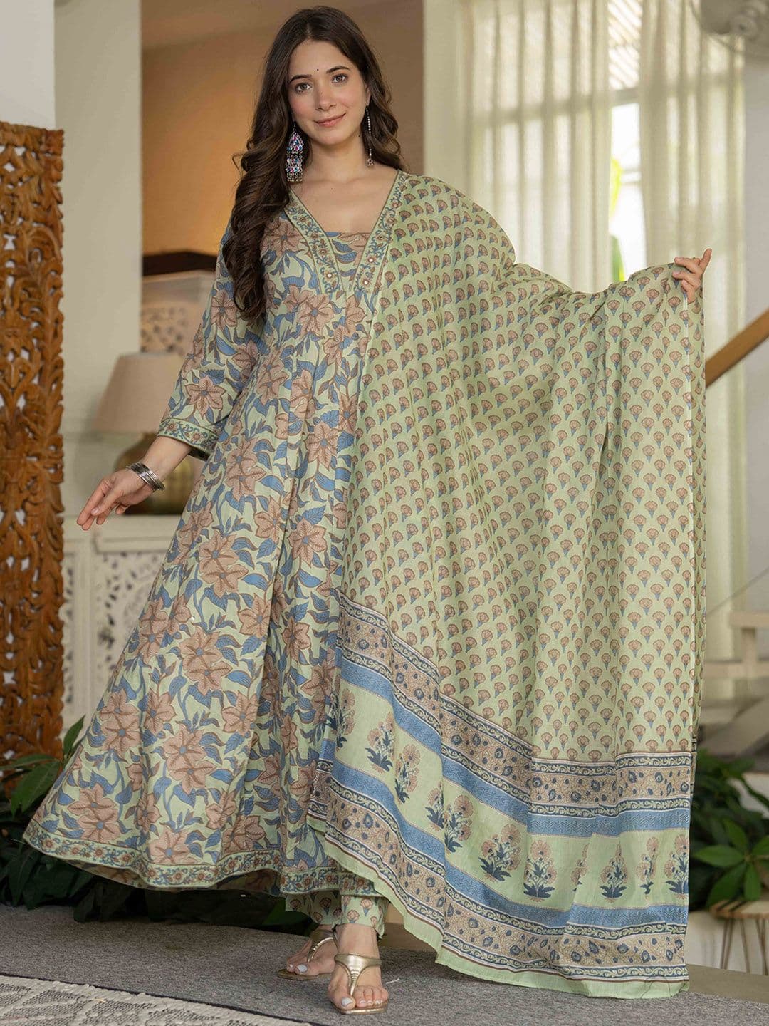 JAIMINI Women Ethnic Motifs Mirror Work Pure Cotton Kurta with Trousers & With Dupatta - view 1