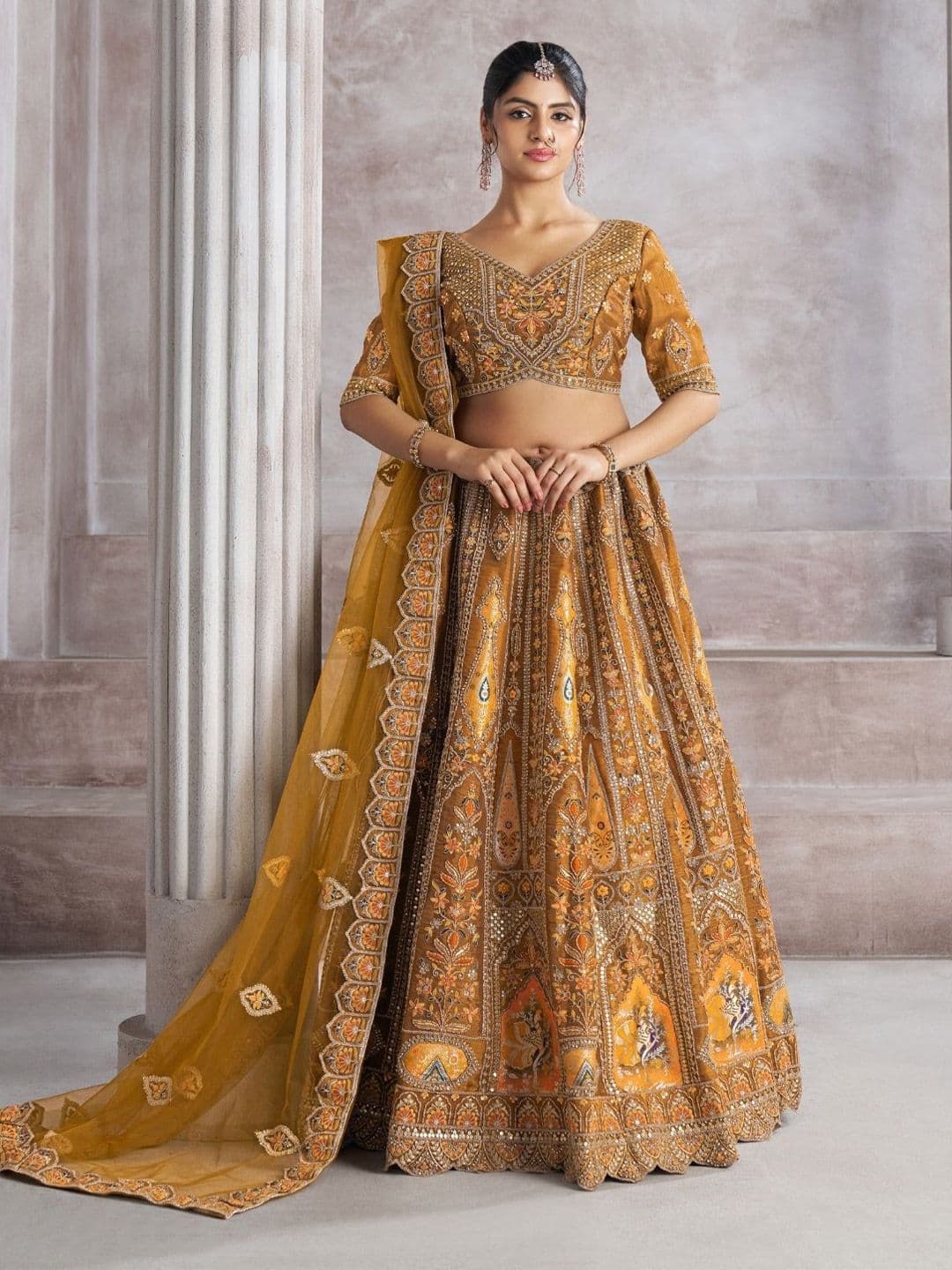 ODETTE Embroidered Banarasi Thread Work Silk Lehenga Choli With Dupatta - view 1