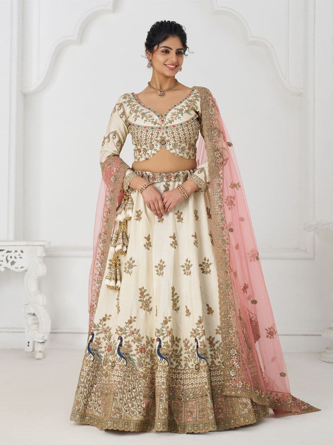 ODETTE Embroidered Off Sequinned Silk Lehenga Choli With Dupatta - view 1