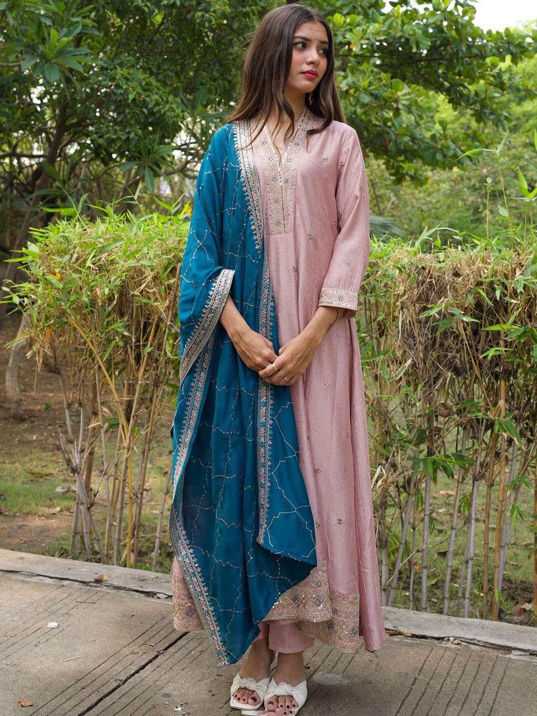MOKOSH Women Silk Embroidered Anarkali Kurta and Pant with Dupatta Set - view 1