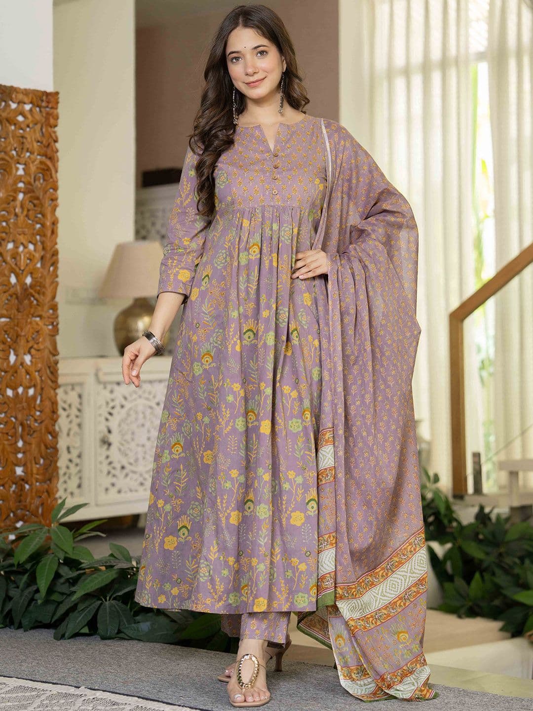 JAIMINI Women Floral Printed Cotton Kurta with Trousers & Dupatta - view 1