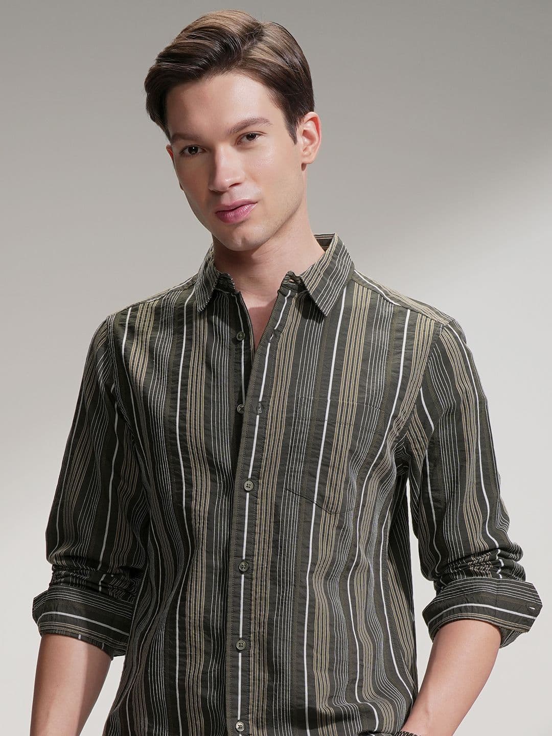 HIGHLANDER Striped Mandarin Collar Long Sleeves Slim Fit Dobby Casual Shirt - view 1