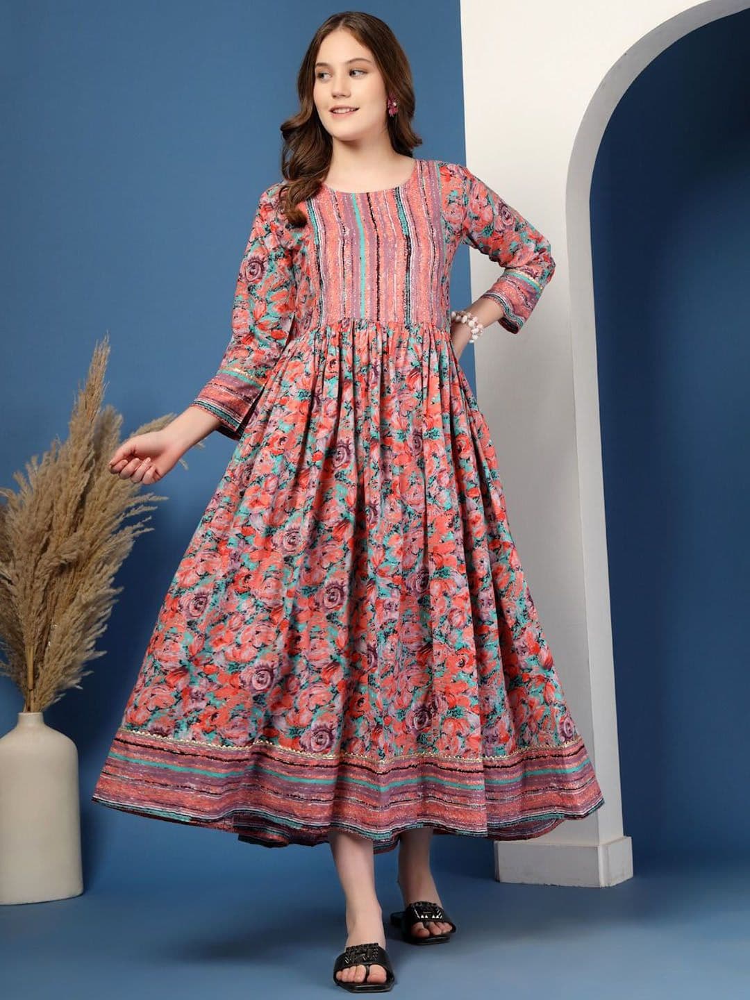 RANGEELO JAIPUR Women Floral Printed Gathered or Pleated Fit and Flare Knee Length Dress - view 1