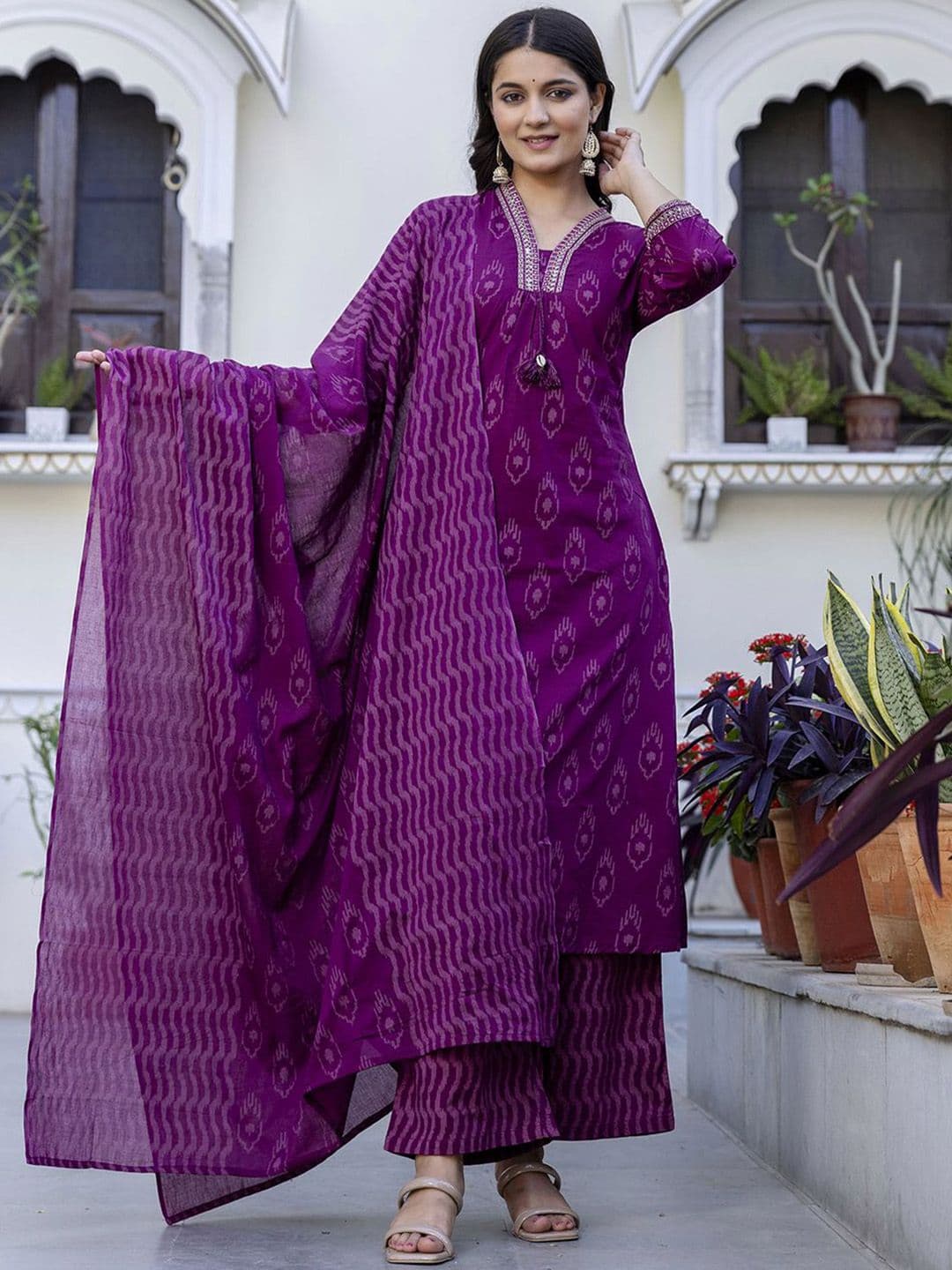 Pistaa Women Printed Sequinned Pure Cotton Kurta with Palazzos & With Dupatta - view 1