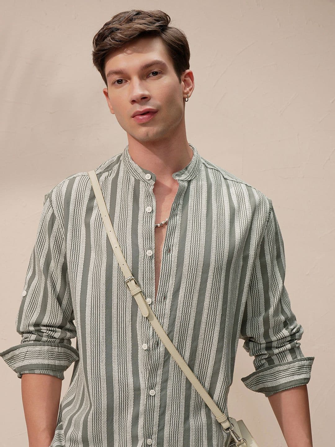 HIGHLANDER Striped Mandarin Collar Long Sleeves Relaxed Fit Casual Shirt - view 1