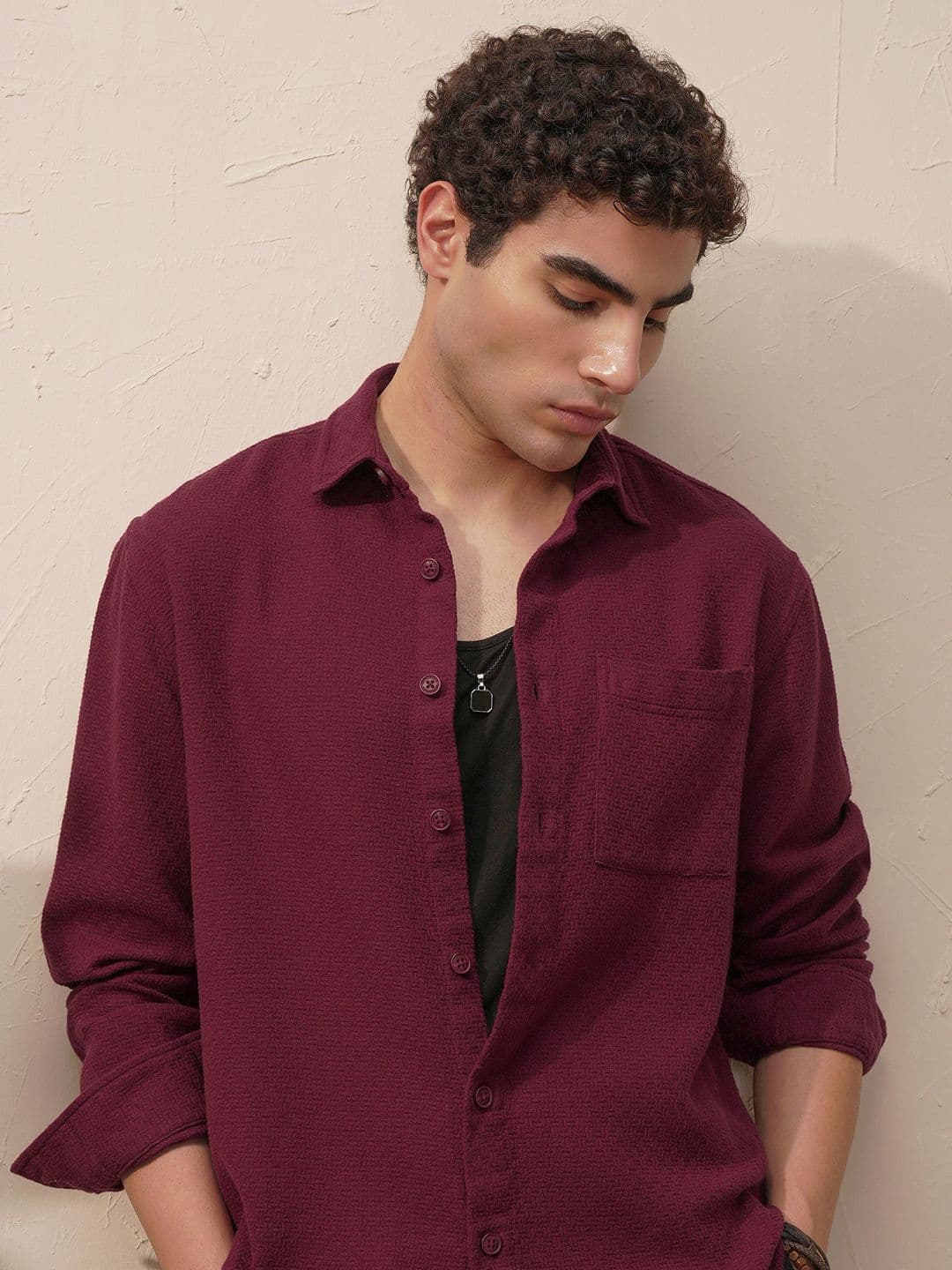 HIGHLANDER Spread Collar Long Sleeves Relaxed Fit Cotton Dobby Casual Shirt - view 1