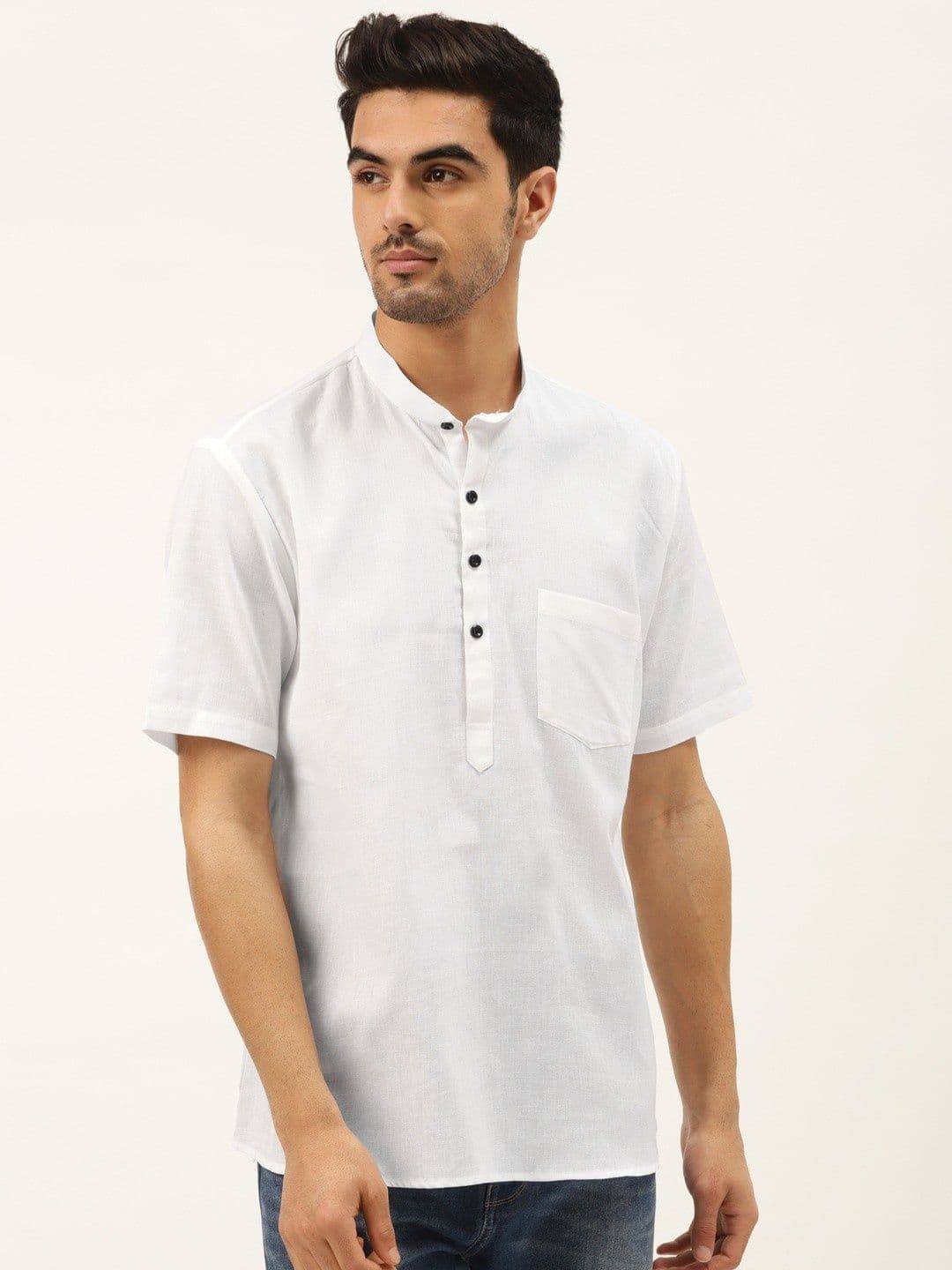 RAJUBHAI HARGOVINDAS Band Collar Short Sleeves Linen Straight Short Kurta - view 1