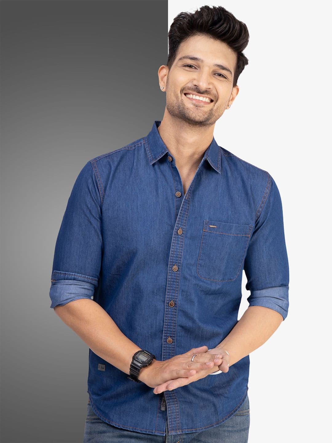 D Finish Spread Collar Smart Denim Casual Shirt - view 1