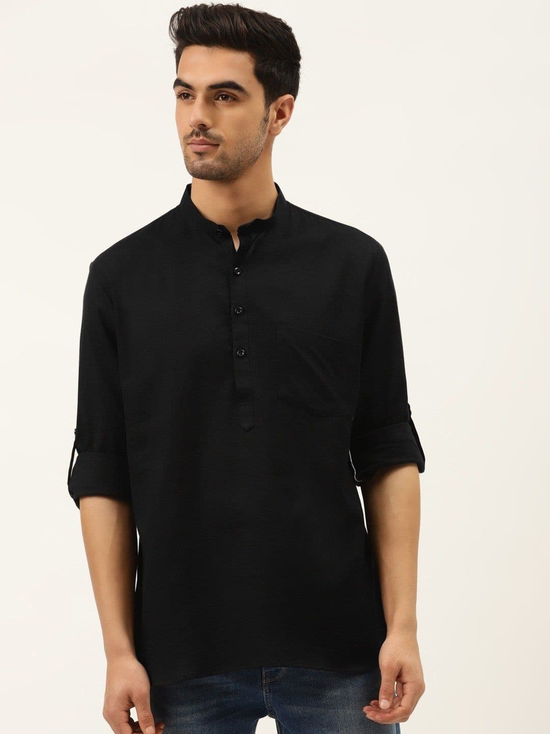 RAJUBHAI HARGOVINDAS Band Collar Short Sleeves Linen Straight Short Kurta - view 1