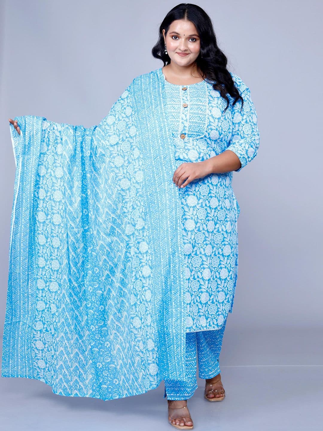 OH MI DIOS Plus Size Floral Printed Cotton Straight Kurta With Trousers & Dupatta - view 1