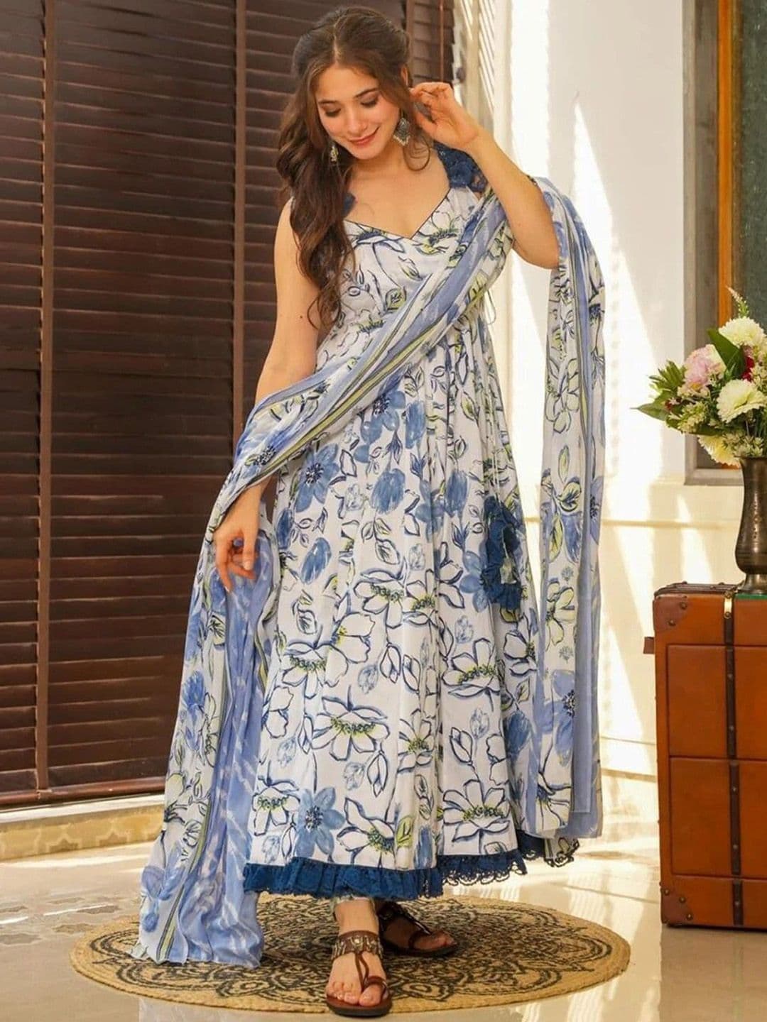 Fashion Basket Floral Printed Sweetheart Neck Anarkali Kurta With Palazzos & Dupatta - view 1