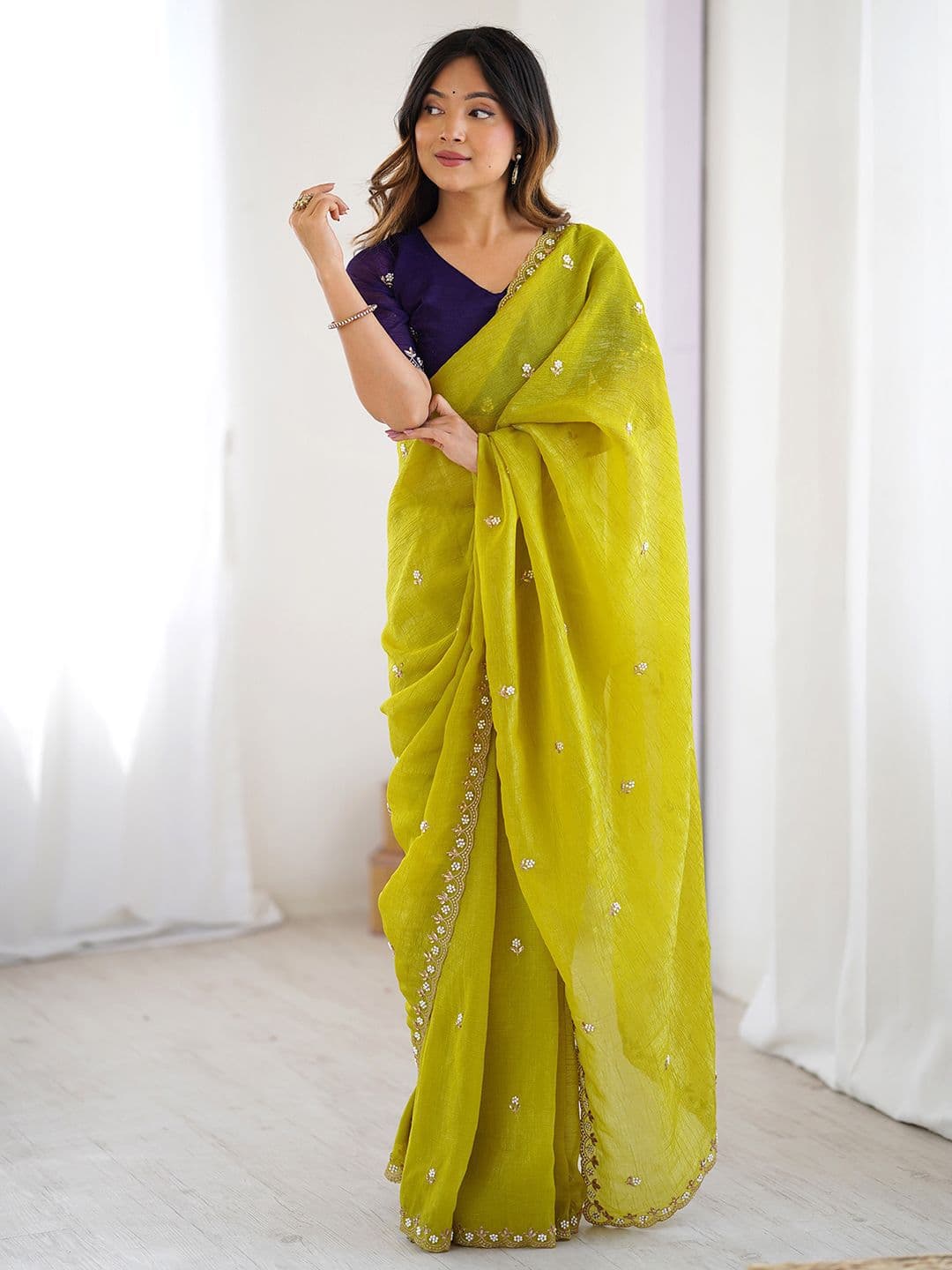 Satrani Floral Embroidered Pure Chiffon Saree - view 1