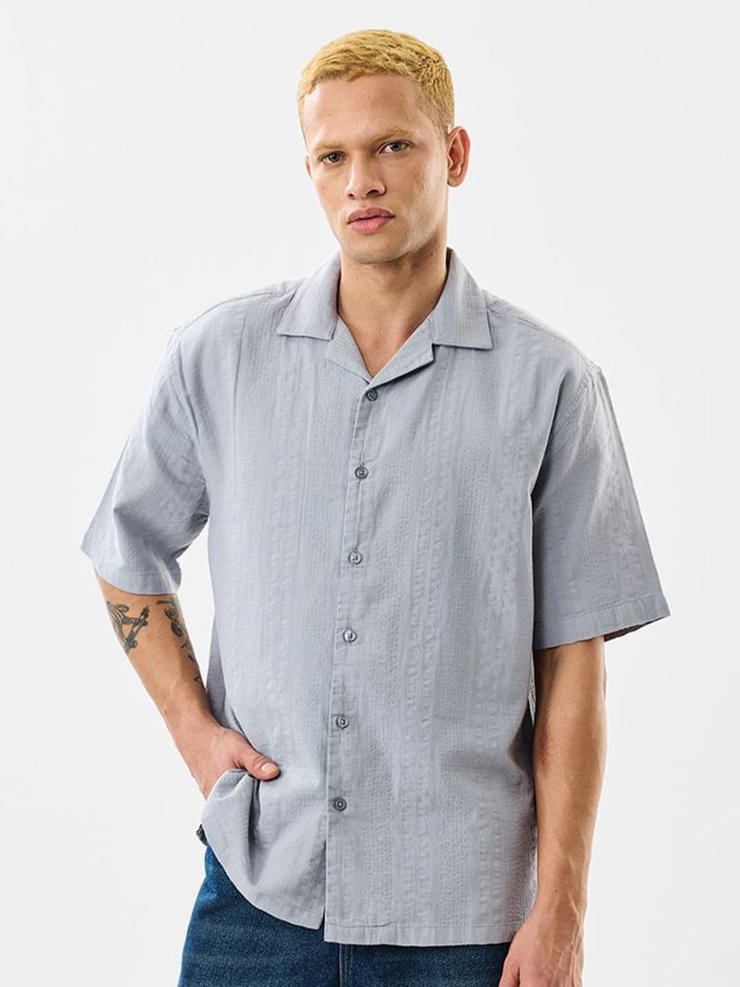 Snitch Boxy Textured Cuban Collar Short Sleeves Cotton Shirt - view 1