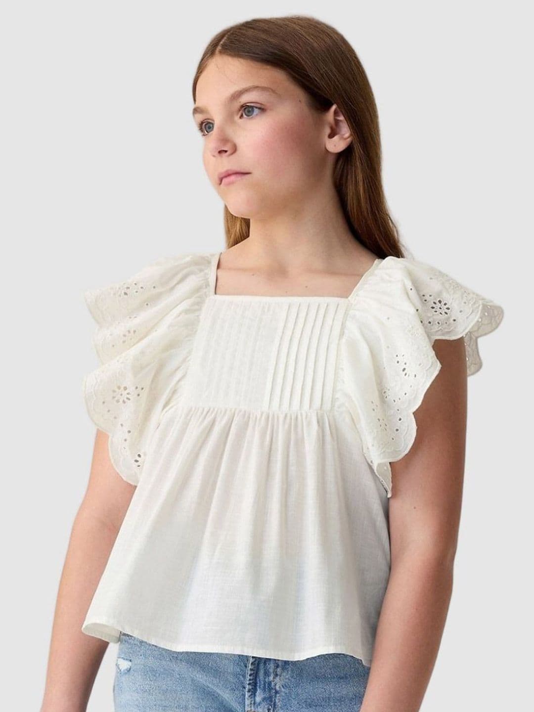 GAP Girls Self Design Short Flutter Sleeves Schiffli Empire Top - view 1