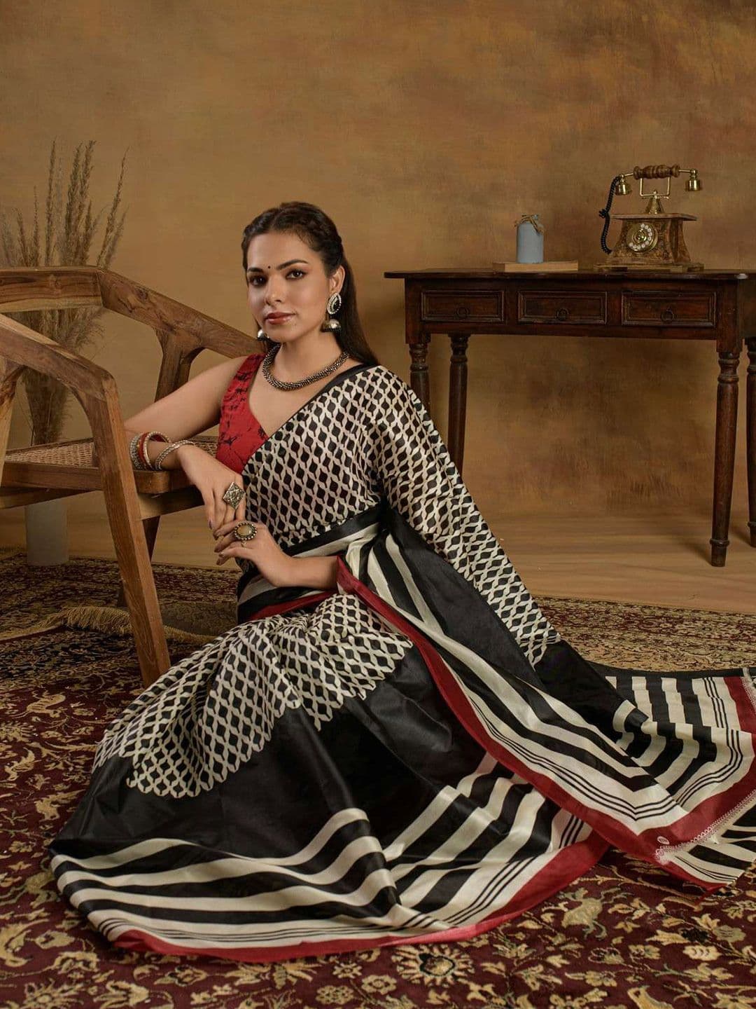 Sangria Abstract Printed Tussar Saree Without Blouse - view 1