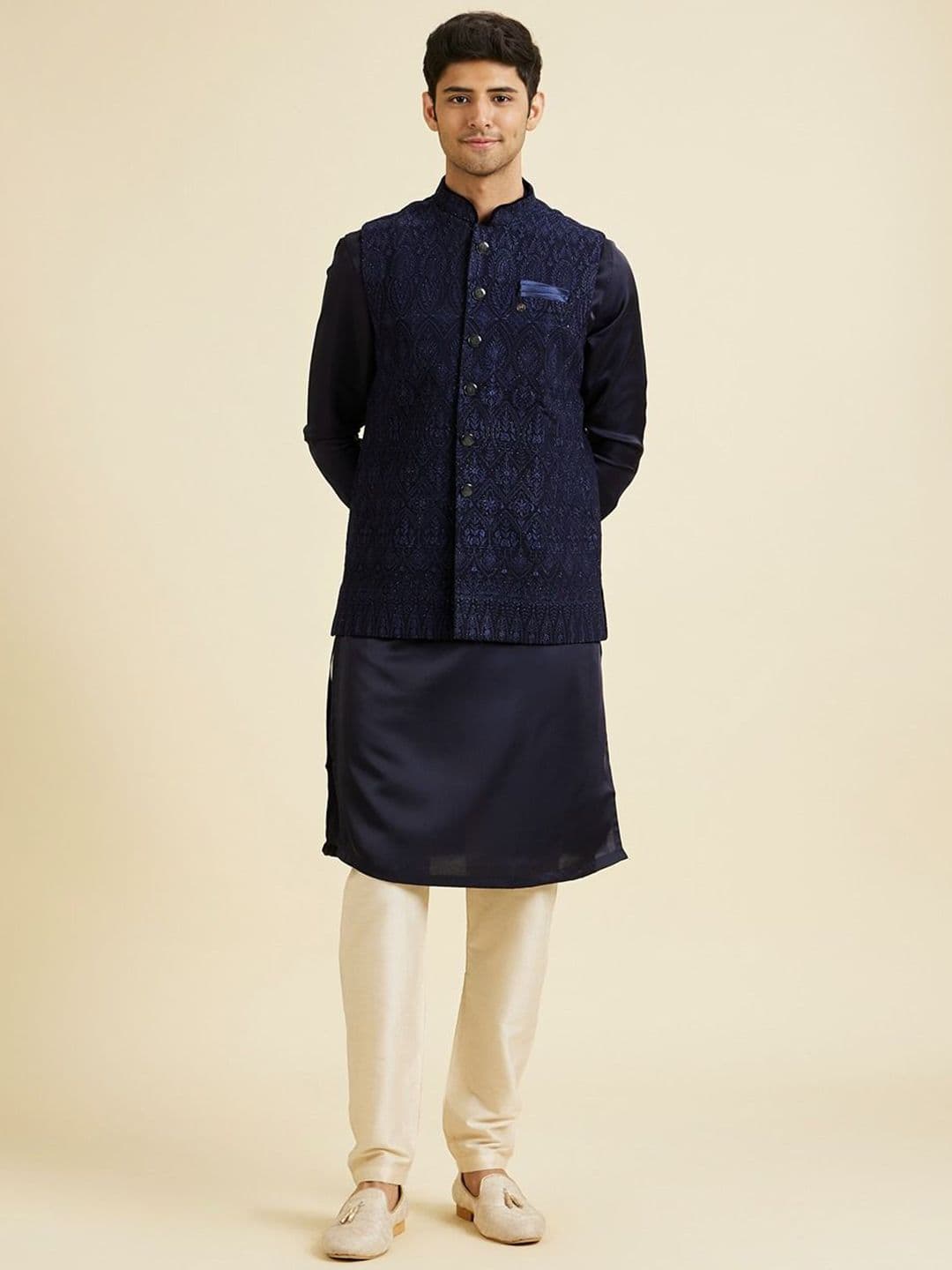 Manyavar Embroidered Mandarin Collar Nehru Jacket - view 1