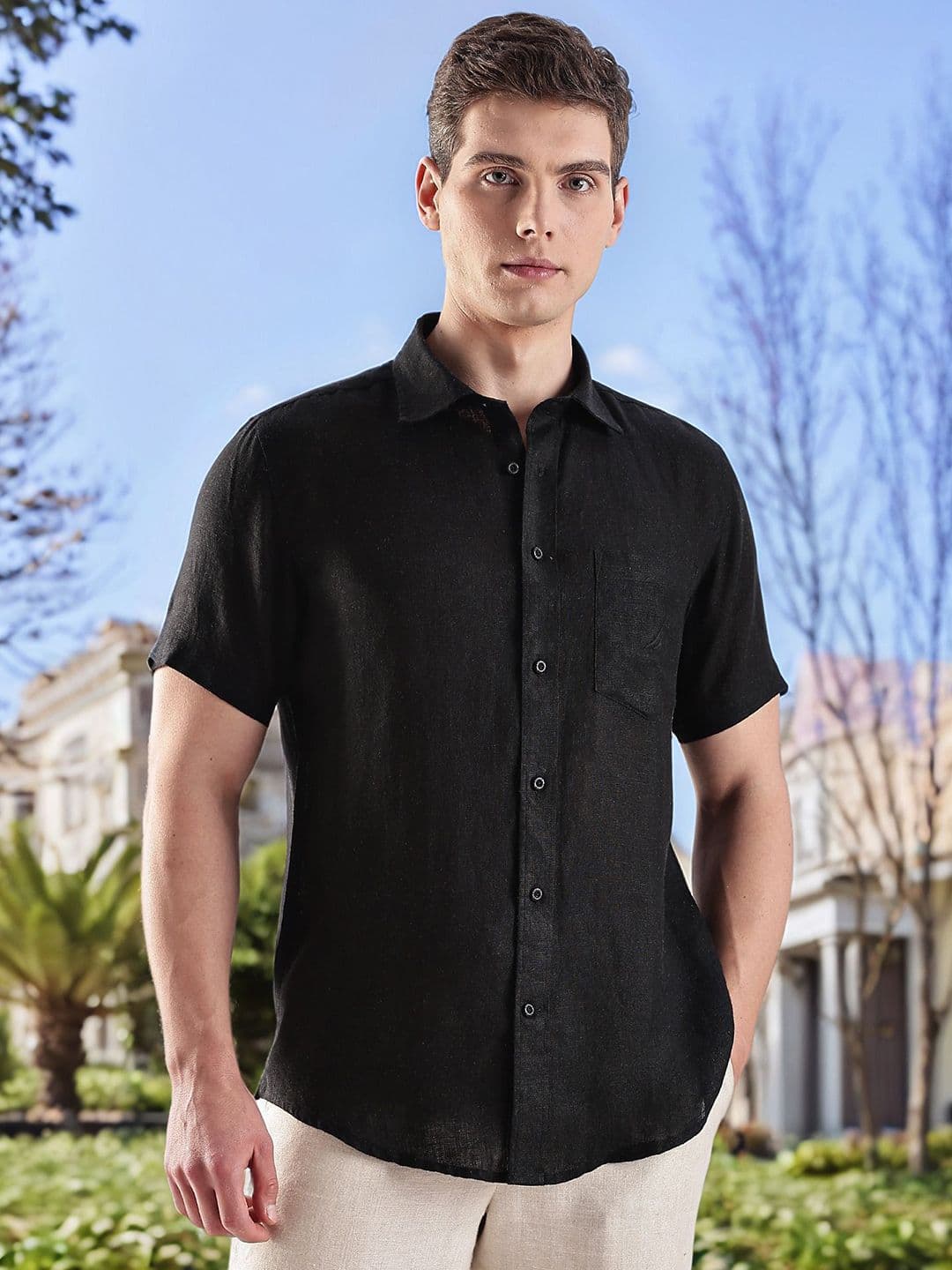 Nautica Men Solid Spread Collar Linen Casual Slim Fit Shirt - view 1