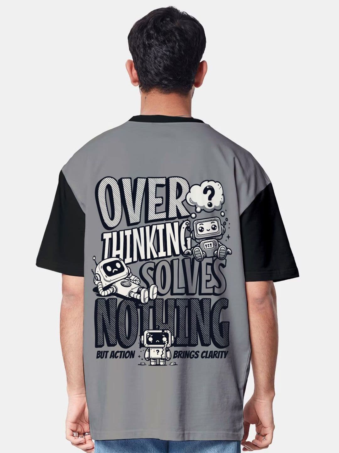 Crazymonk Oversized Overthinking Typography Printed Cotton T-shirt - view 1