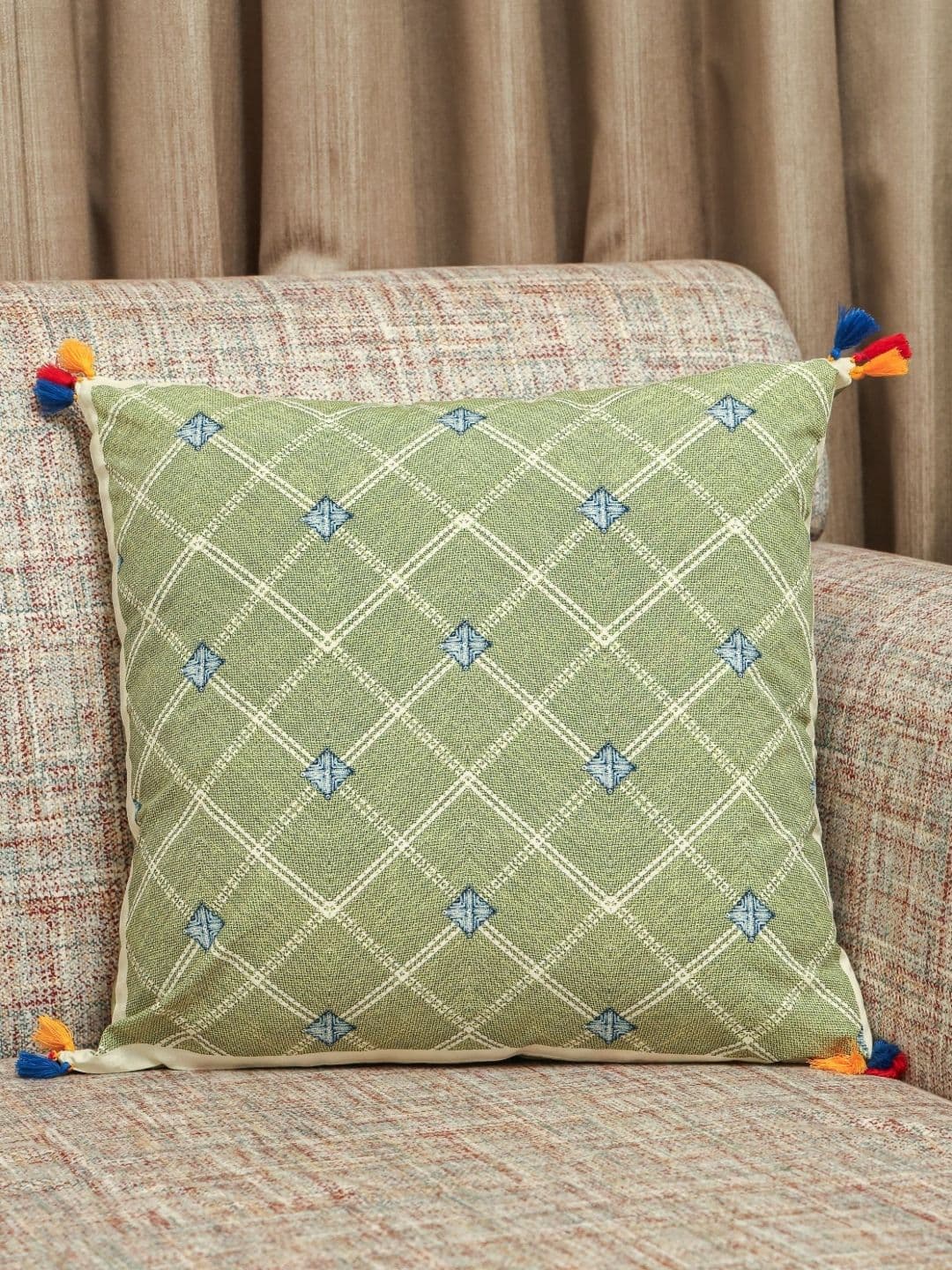 Sangria Garden Mlange Green & Blue Printed Cotton Square Cushion Cover - view 1