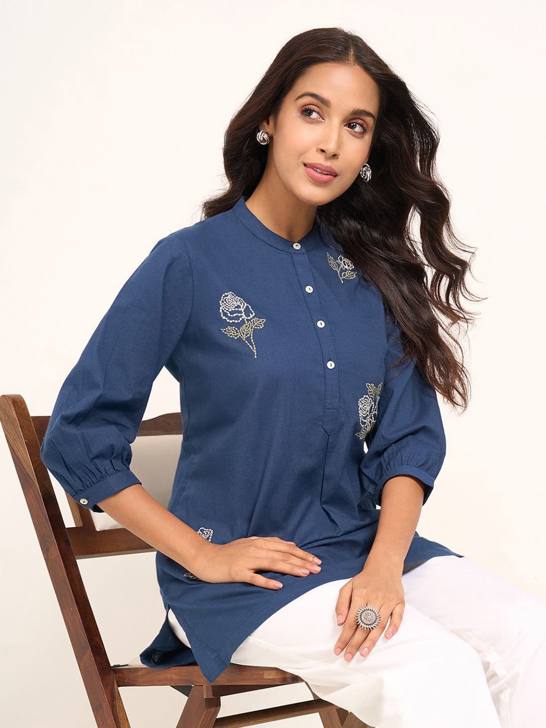 RANGMANCH BY PANTALOONS Mandarin Collar Embroidered Tunic - view 1