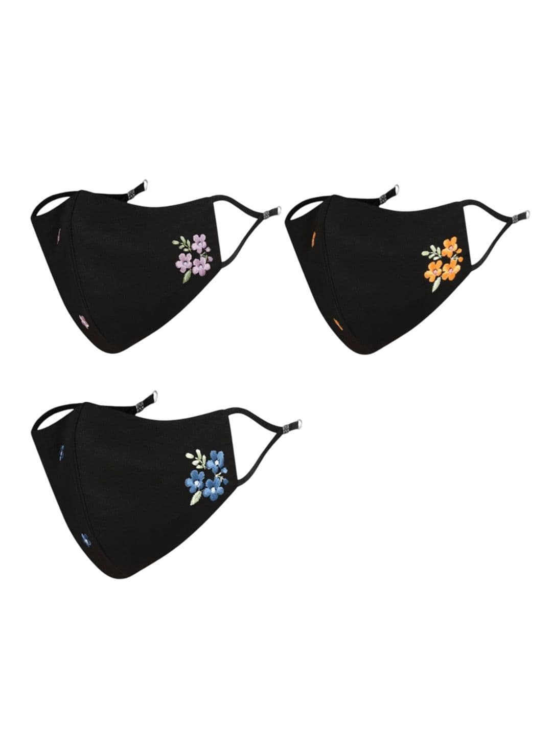 MASQ Women 3Pc Floral Embroidered Pure Cotton 4Ply Outdoor Anti-Bacterial Reusable Masks - view 1