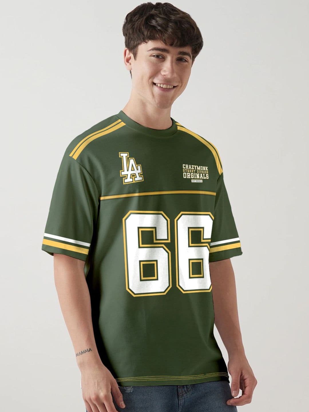Crazymonk Los Angels Military Graphic Cotton Round Neck Short Sleeves Oversized T-shirt - view 1