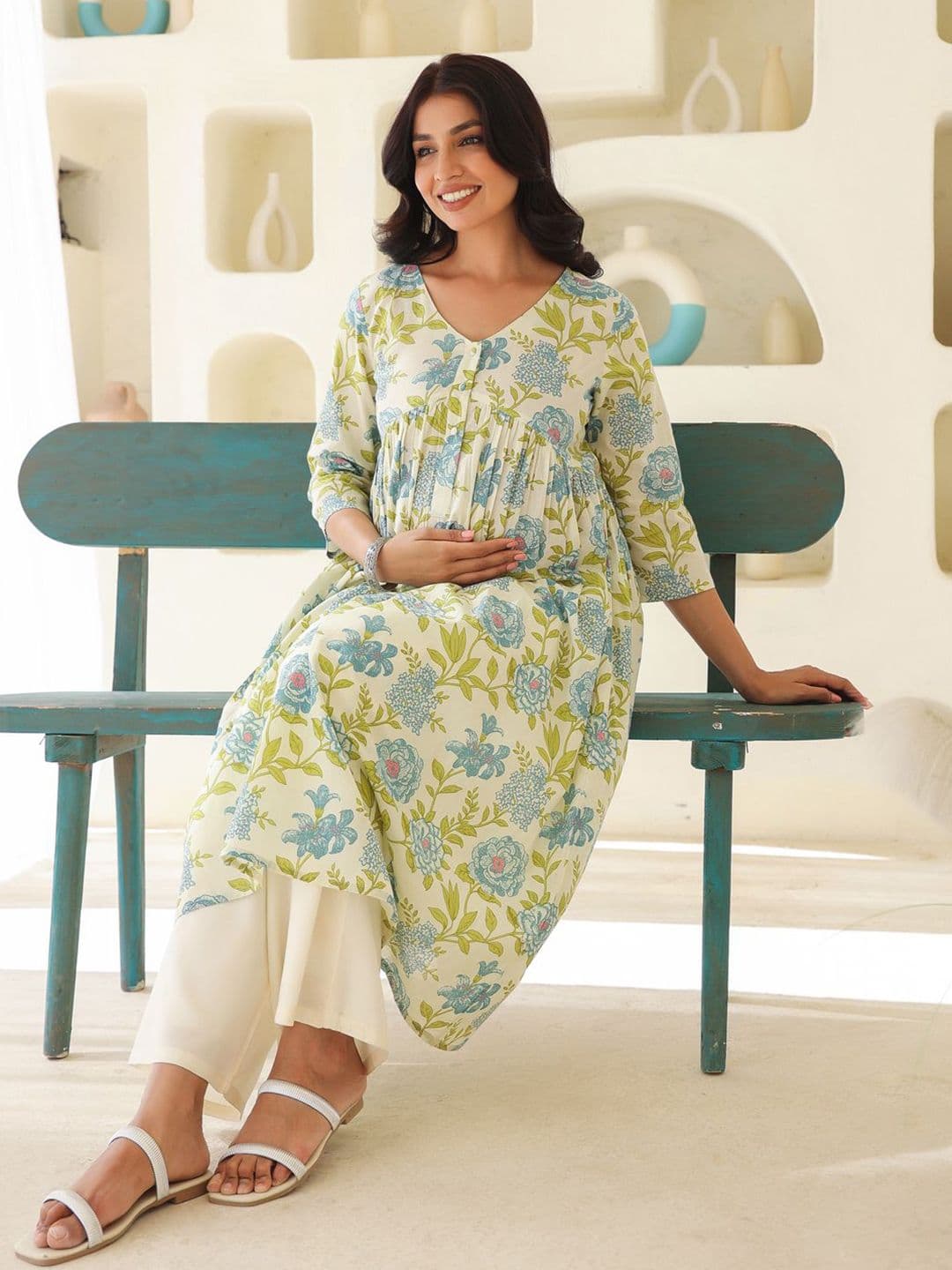 Janasya Women's Off White Pure Cotton Floral Printed A-line Maternity Kurta - view 1