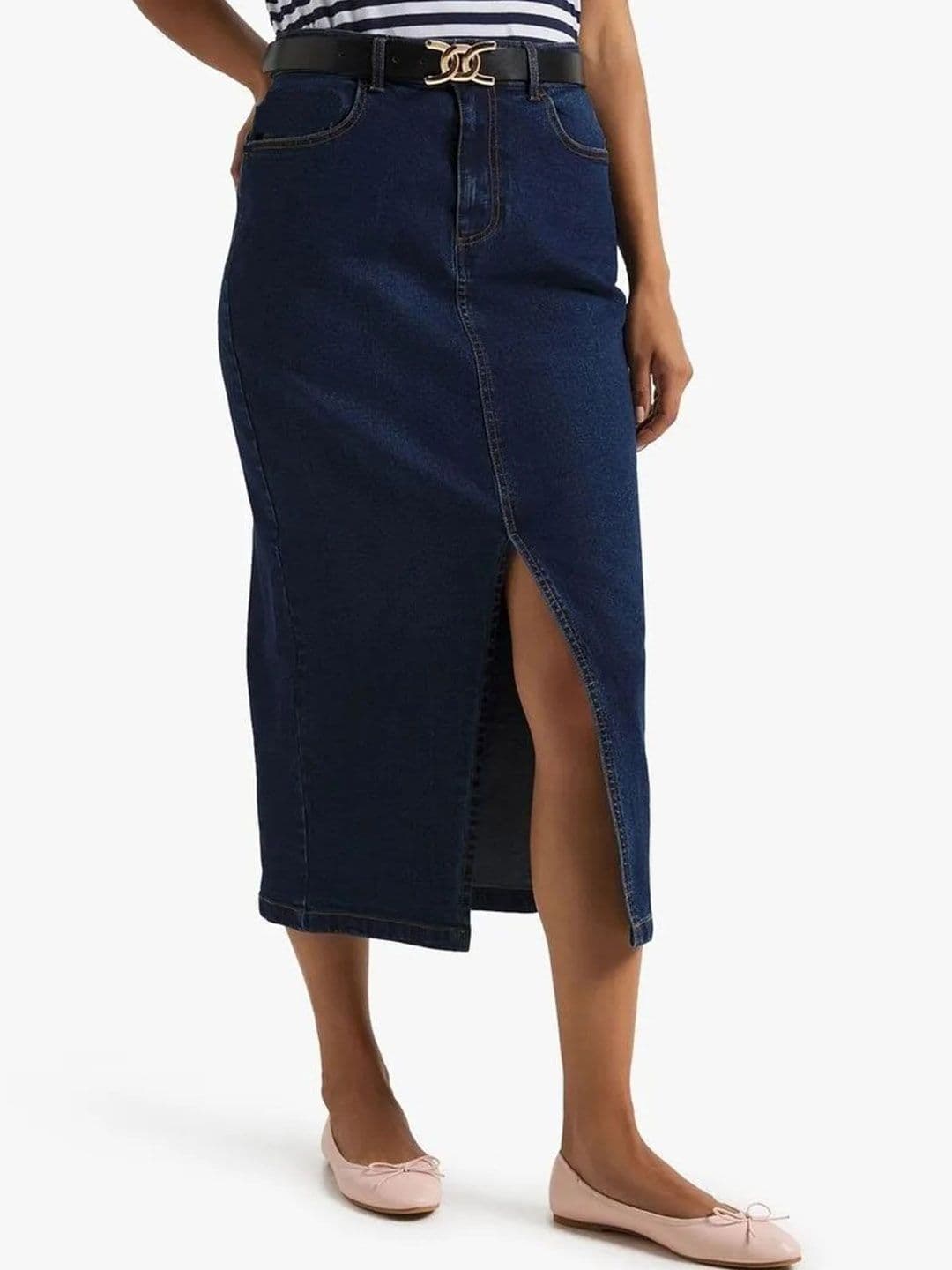 Tripursundari Fashion Women Front Slits Denim Straight Midi Skirt - view 1