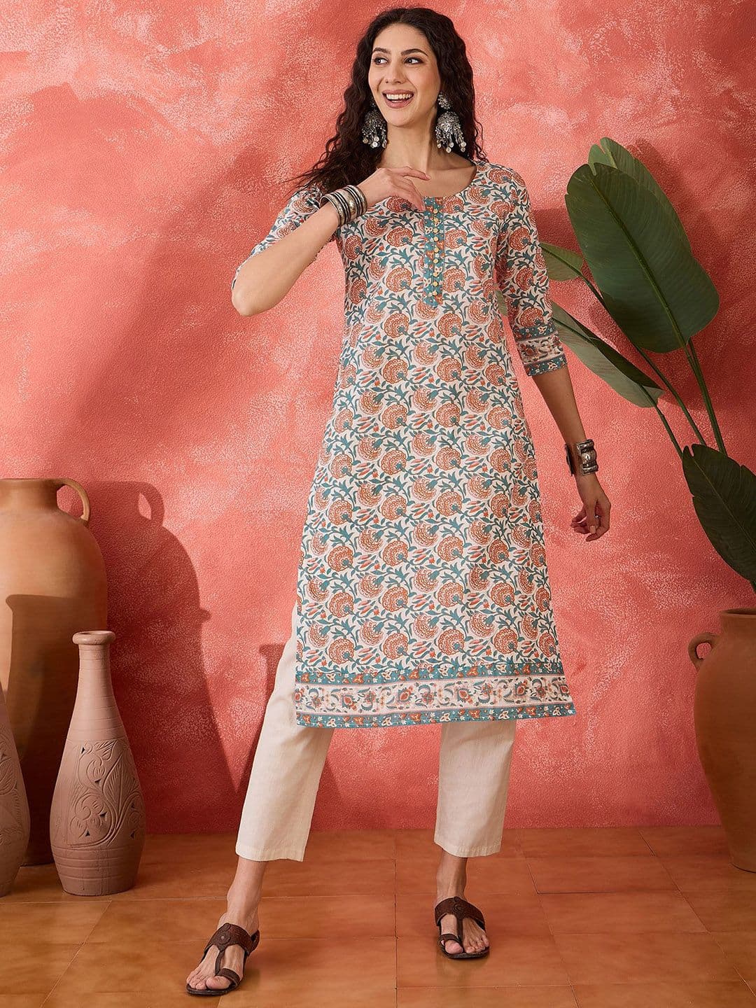 Sangria Floral Printed Round Neck Pure Cotton Straight Kurta - view 1