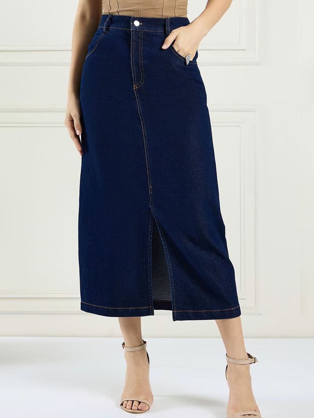 Tripursundari Fashion Denim Buttoned With Zip Front Slit A-Line Midi Skirt - view 1