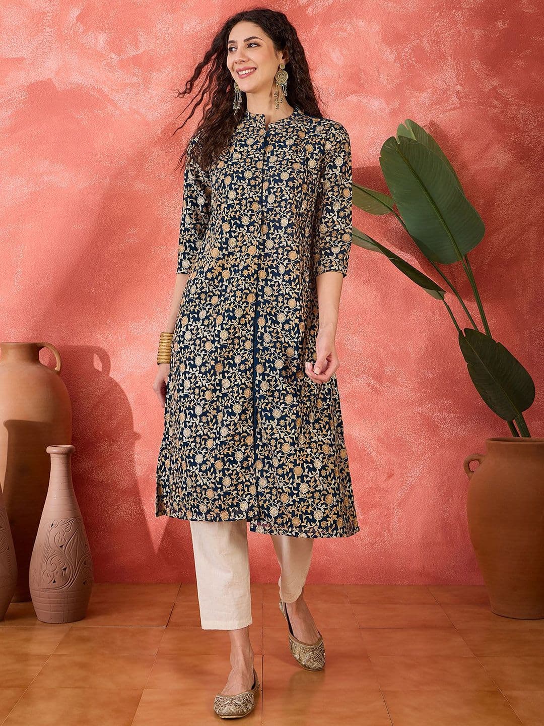 Sangria Floral Embroidered Mandarin Collar Thread Work Georgette A-Line Kurta - view 1