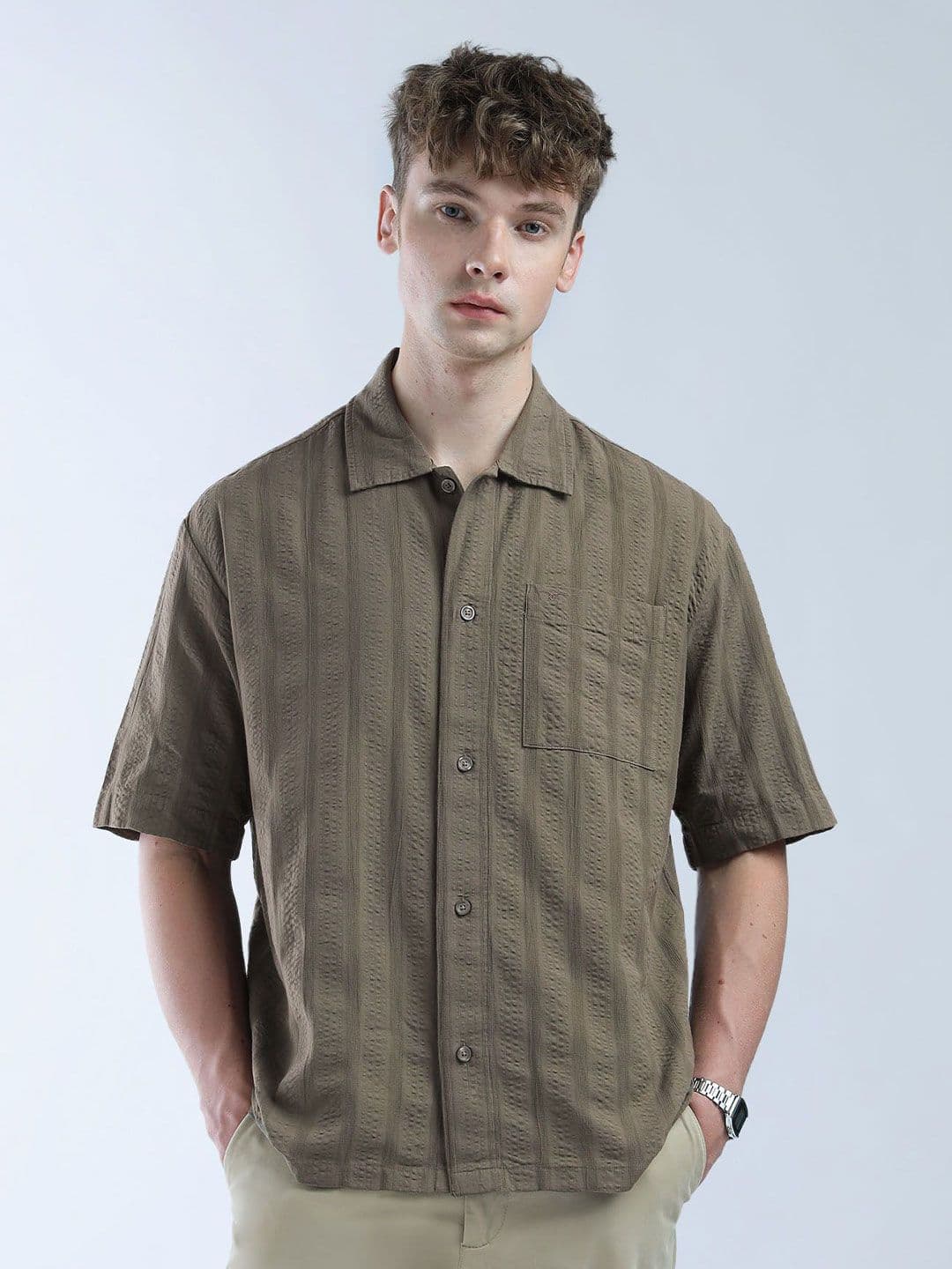 Flying Machine Men Relaxed Oversized Fit Spread Collar Solid Cotton Casual Shirt - view 1