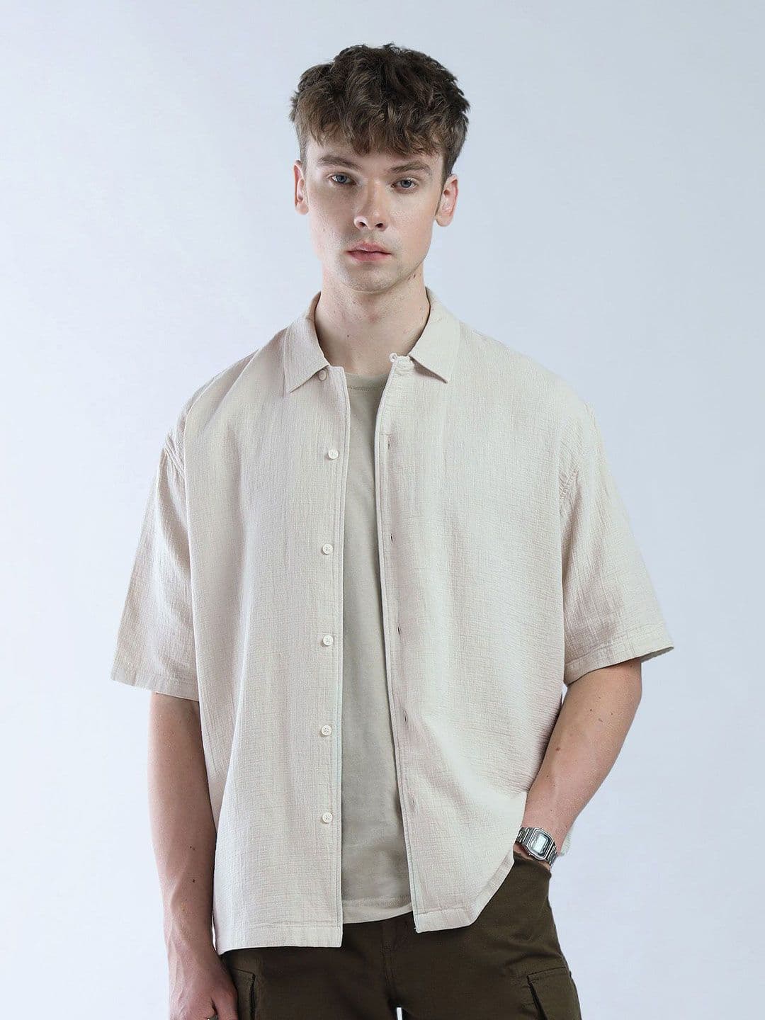 Flying Machine Men Relaxed Oversized Fit Spread Collar Solid Cotton Casual Shirt - view 1