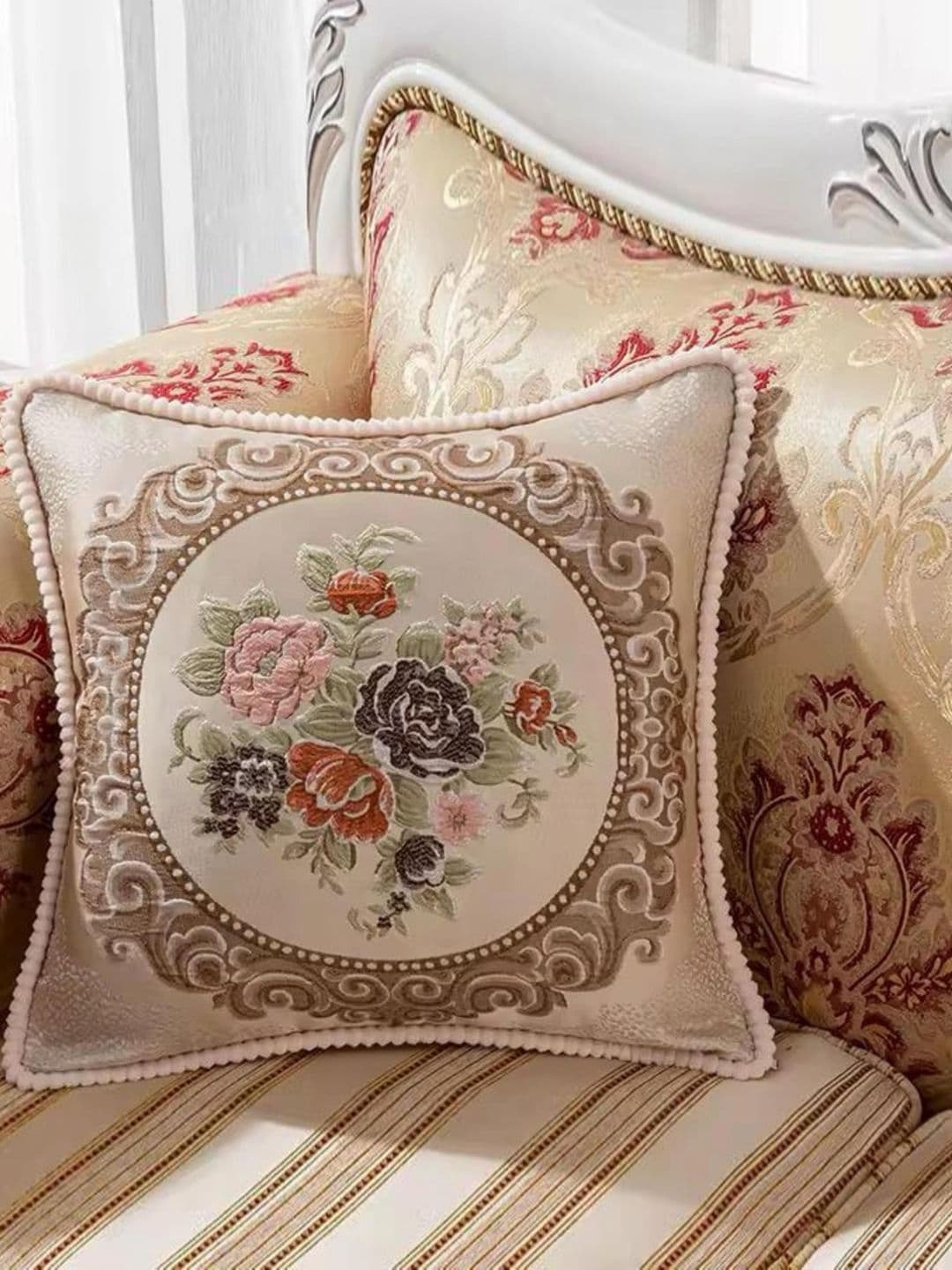MONKDECOR Cream-Coloured & Pink Floral Embroidered Jacquard Square Cushion Cover - view 1