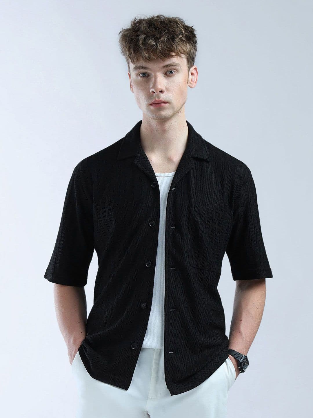 Flying Machine Men Relaxed Oversized Fit Cuban Collar Solid Cotton Casual Shirt - view 1