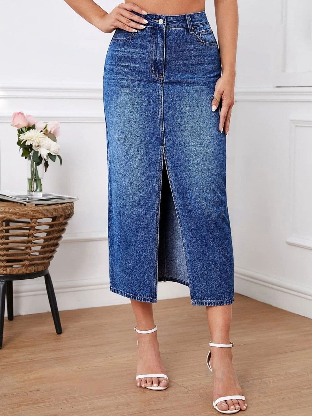 dolsia Women Denim Pencil Midi Skirt With Front Slit - view 1