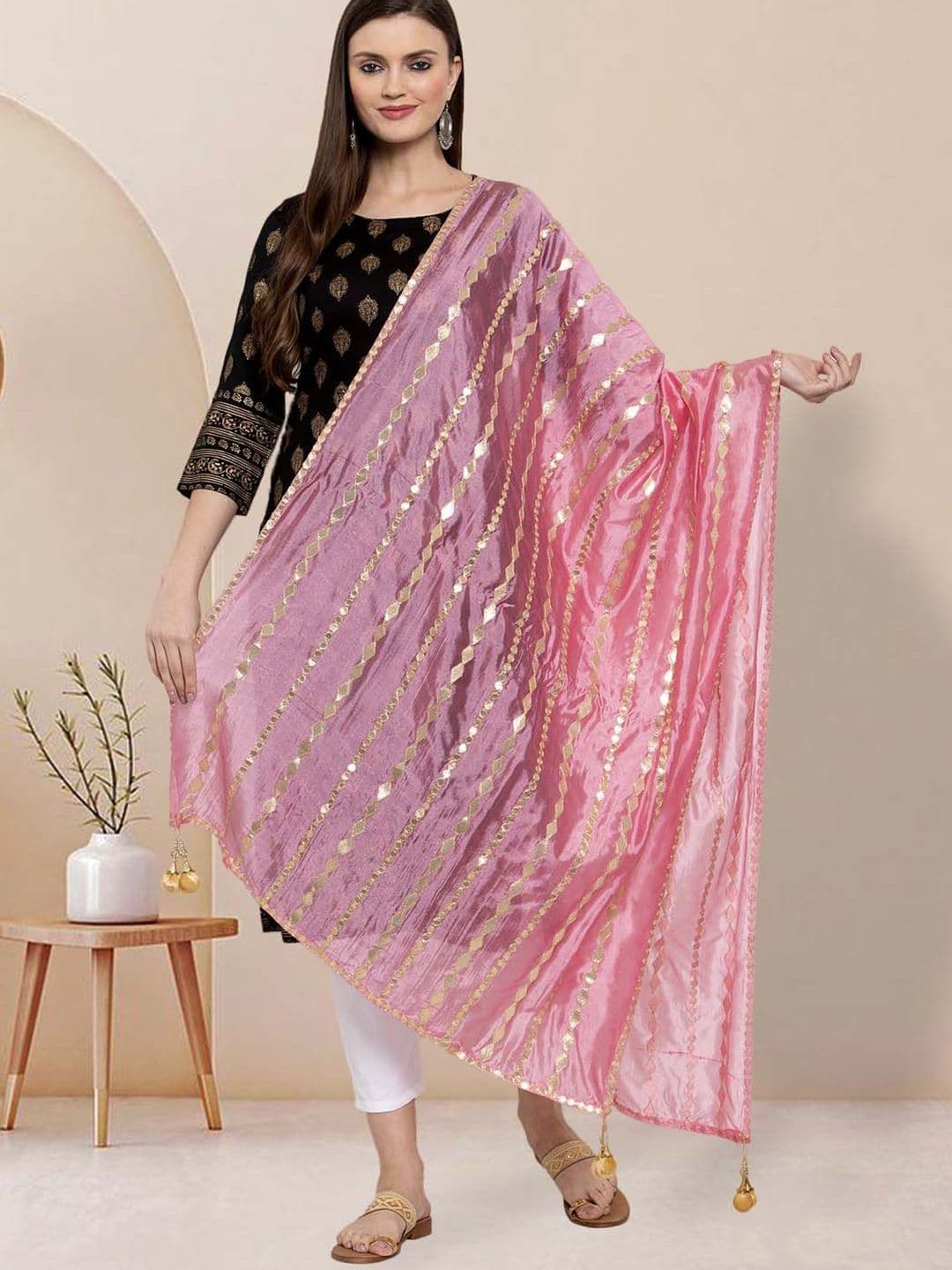 Moda Rapido Striped Embroidered Gotta Patti Dupatta - view 1