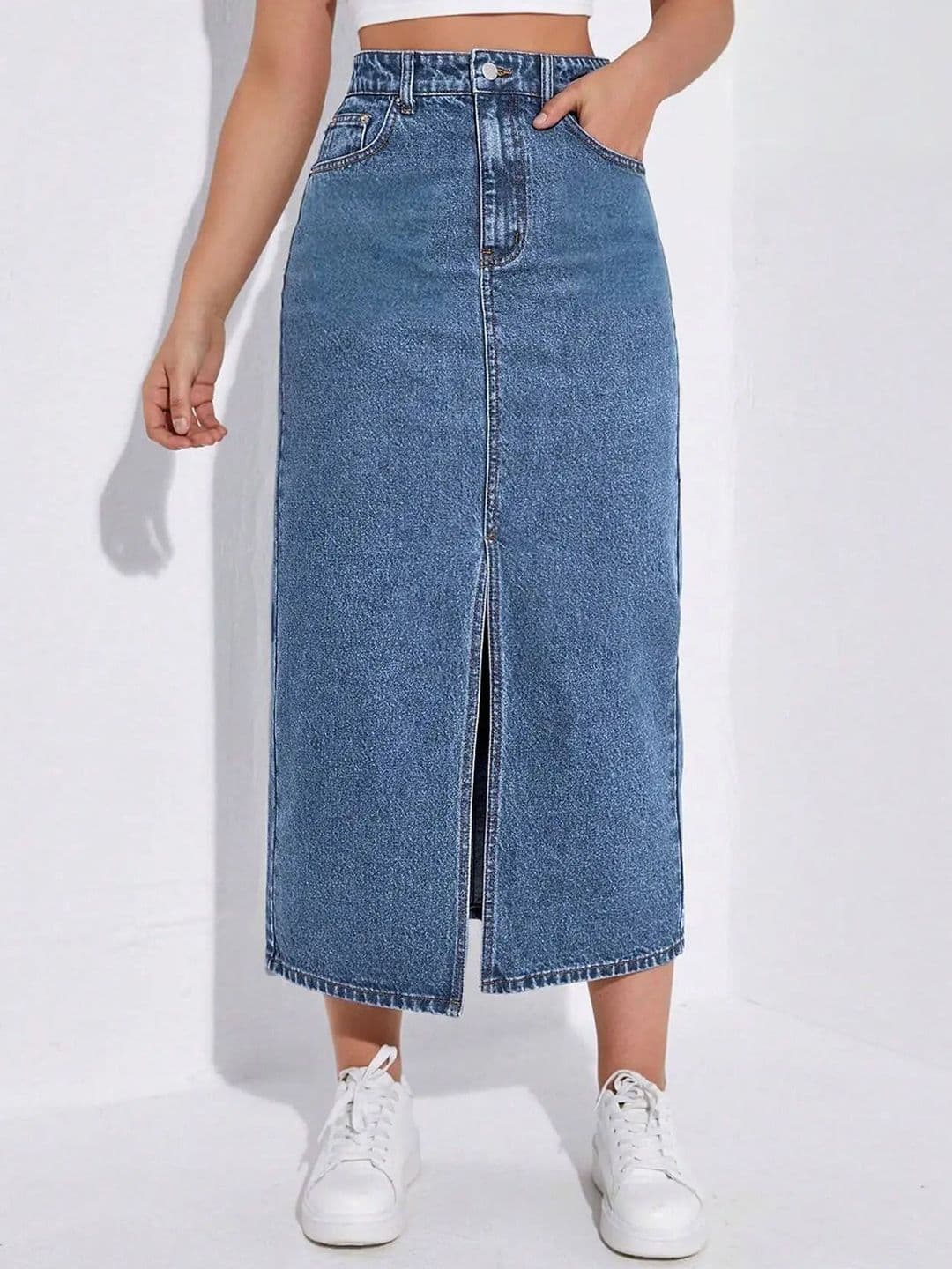 dolsia Denim Front Slit Straight Midi A-Line Skirt - view 1