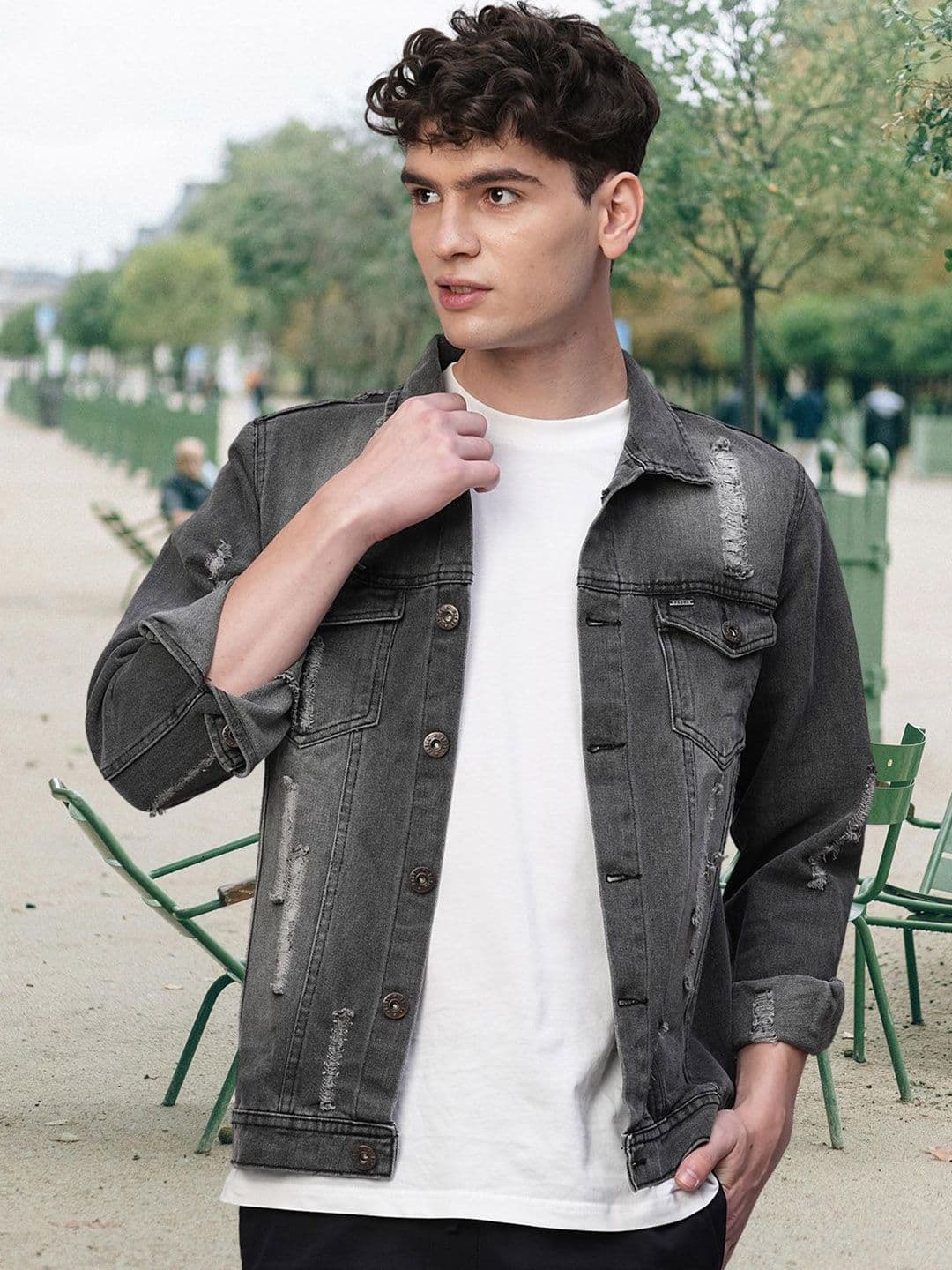 PRONK Men Washed Cotton Distress Denim Jacket - view 1
