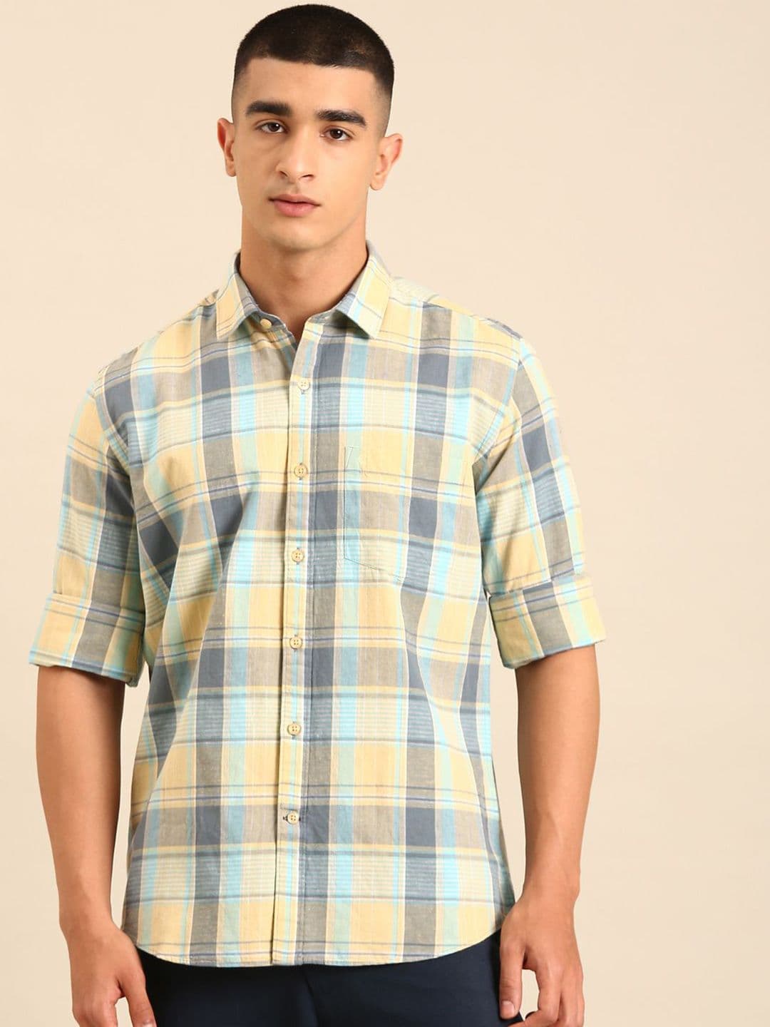 CAVALLO by Linen Club Men Cotton Linen Regular Fit Fit Spread Collar Checked Casual Shirt - view 1